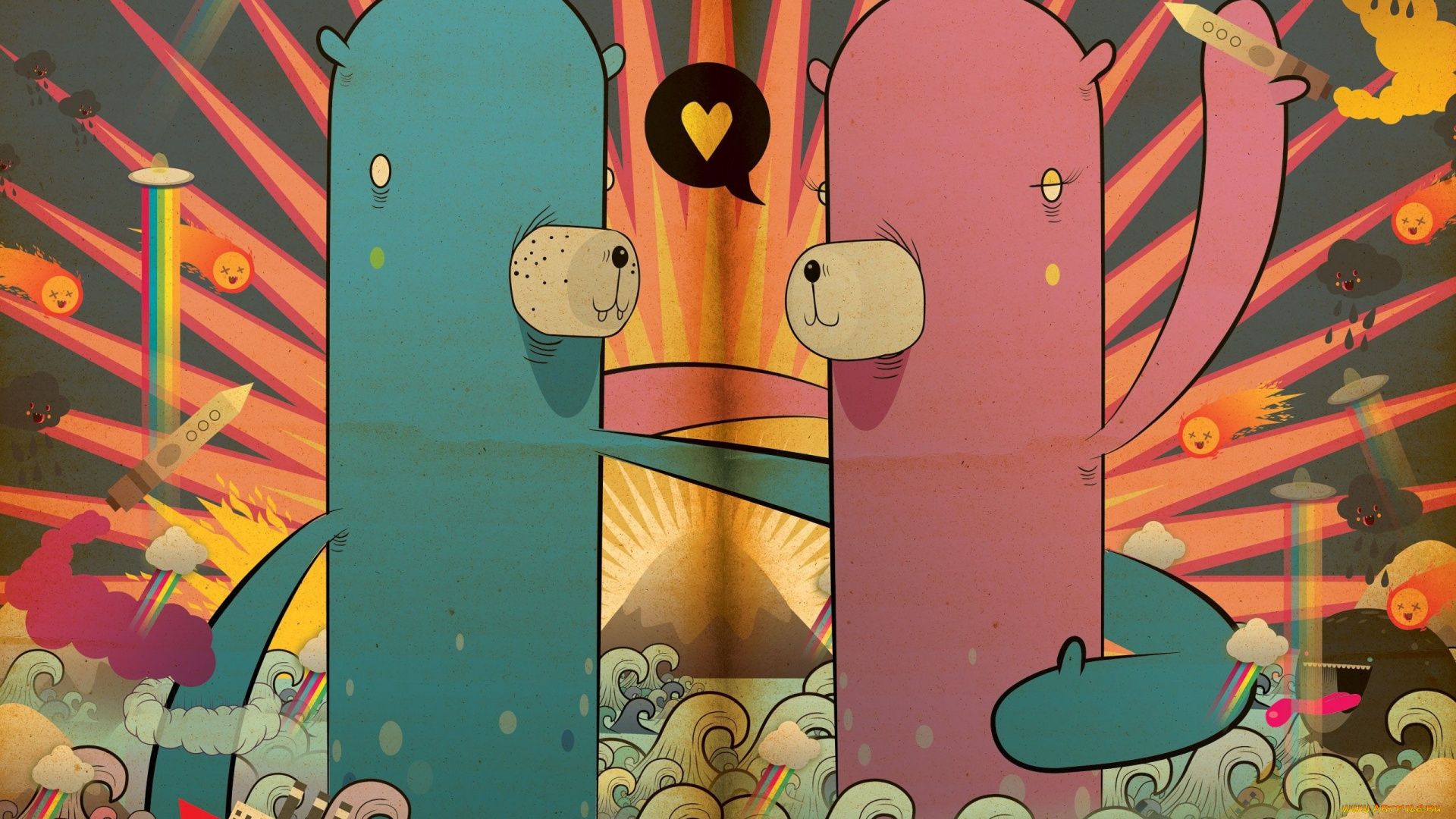 векторная, графика, мультфильмы, , cartoons, существа, гора, море, пара, любовь, ракеты