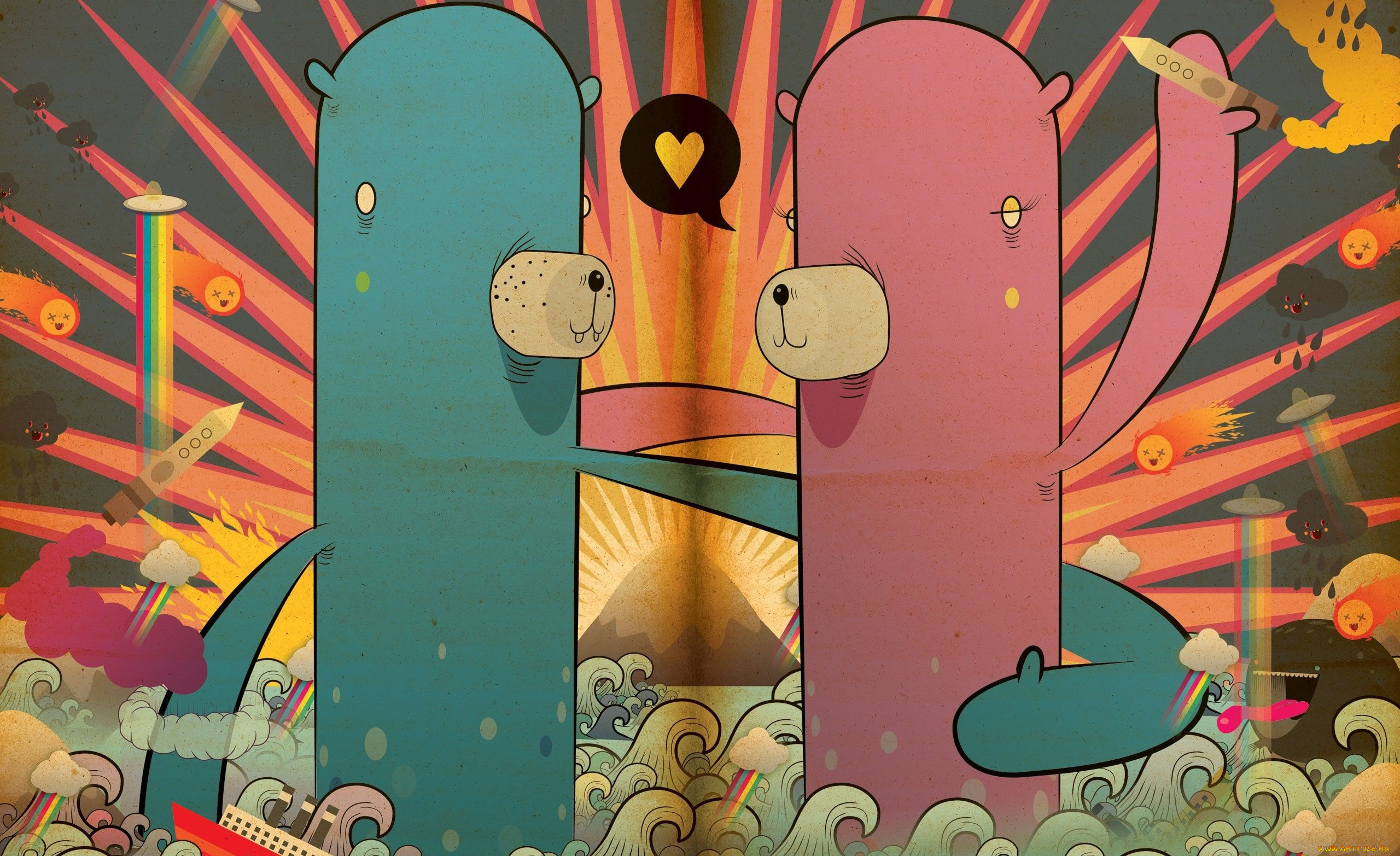 векторная, графика, мультфильмы, , cartoons, существа, гора, море, пара, любовь, ракеты