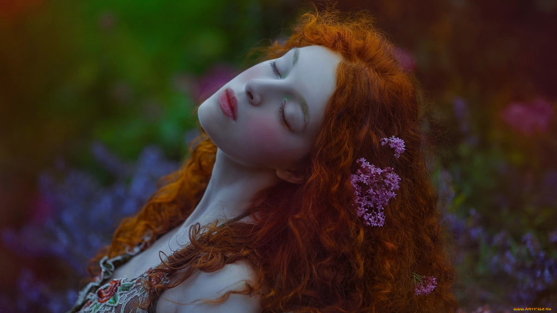 девушки, -, лица, , портреты, рыжие, волосы, закрытые, глаза, сирень