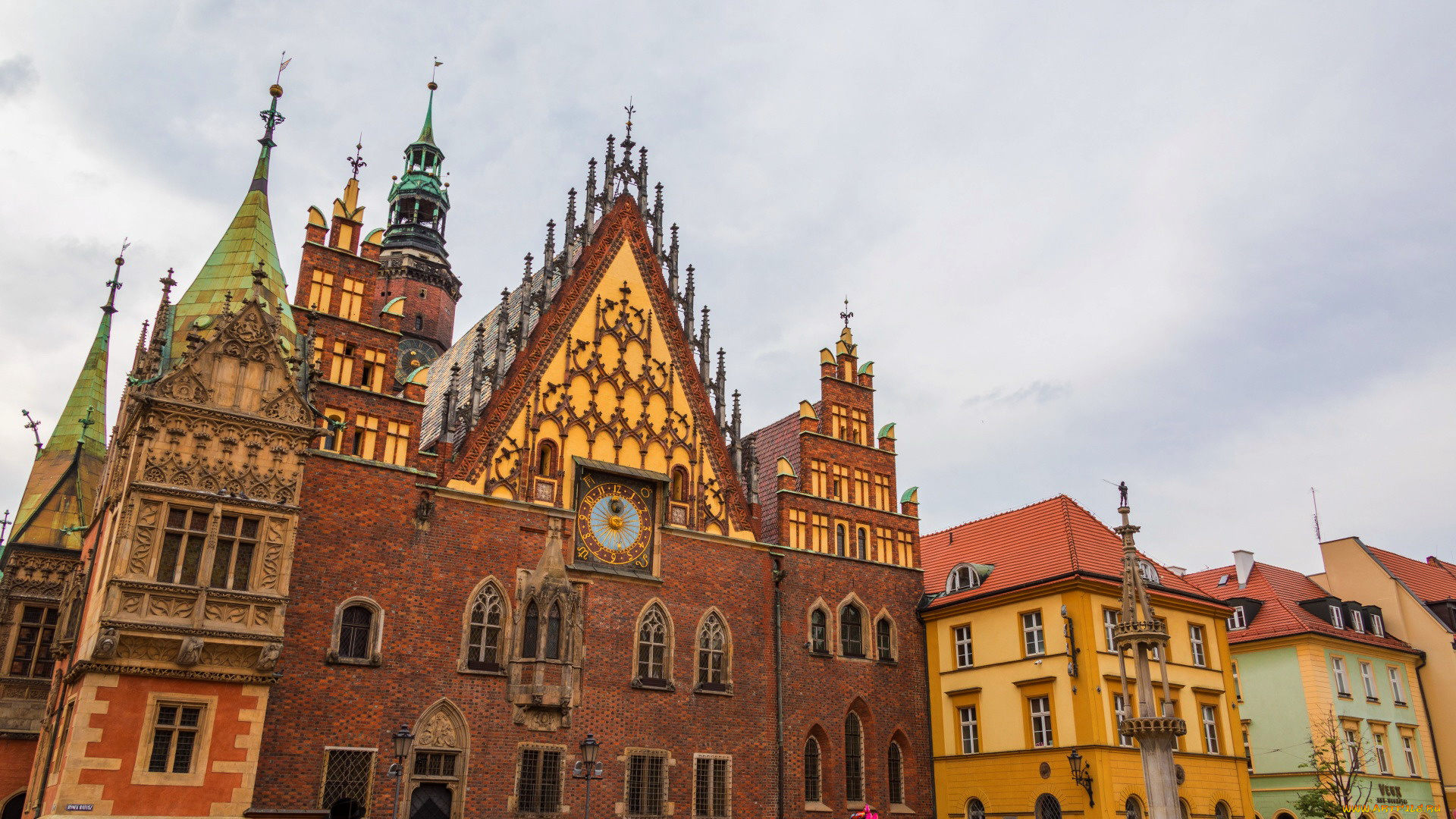 города, вроцлав, , польша, старинные, дома, часы