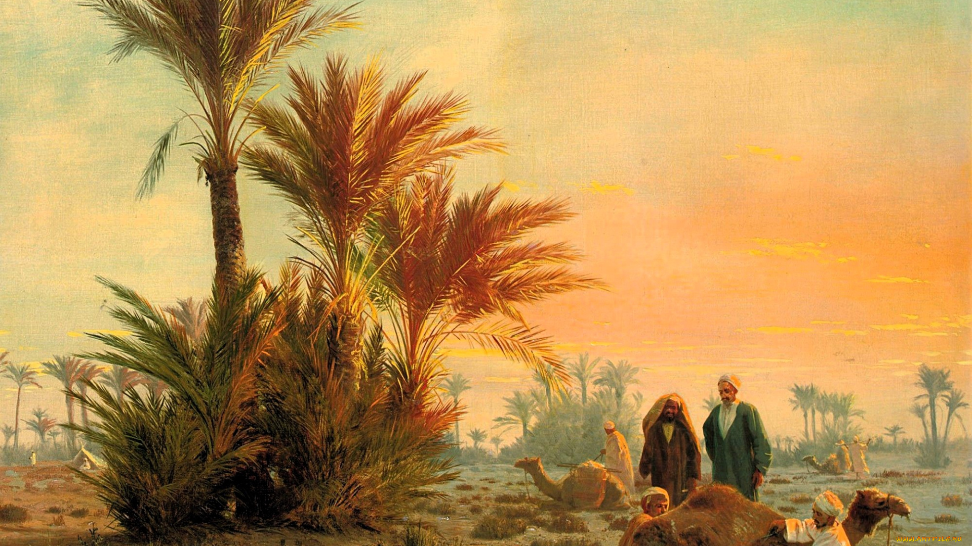 рисованное, otto, pilny, пальмы, пустыня, люди, верблюды