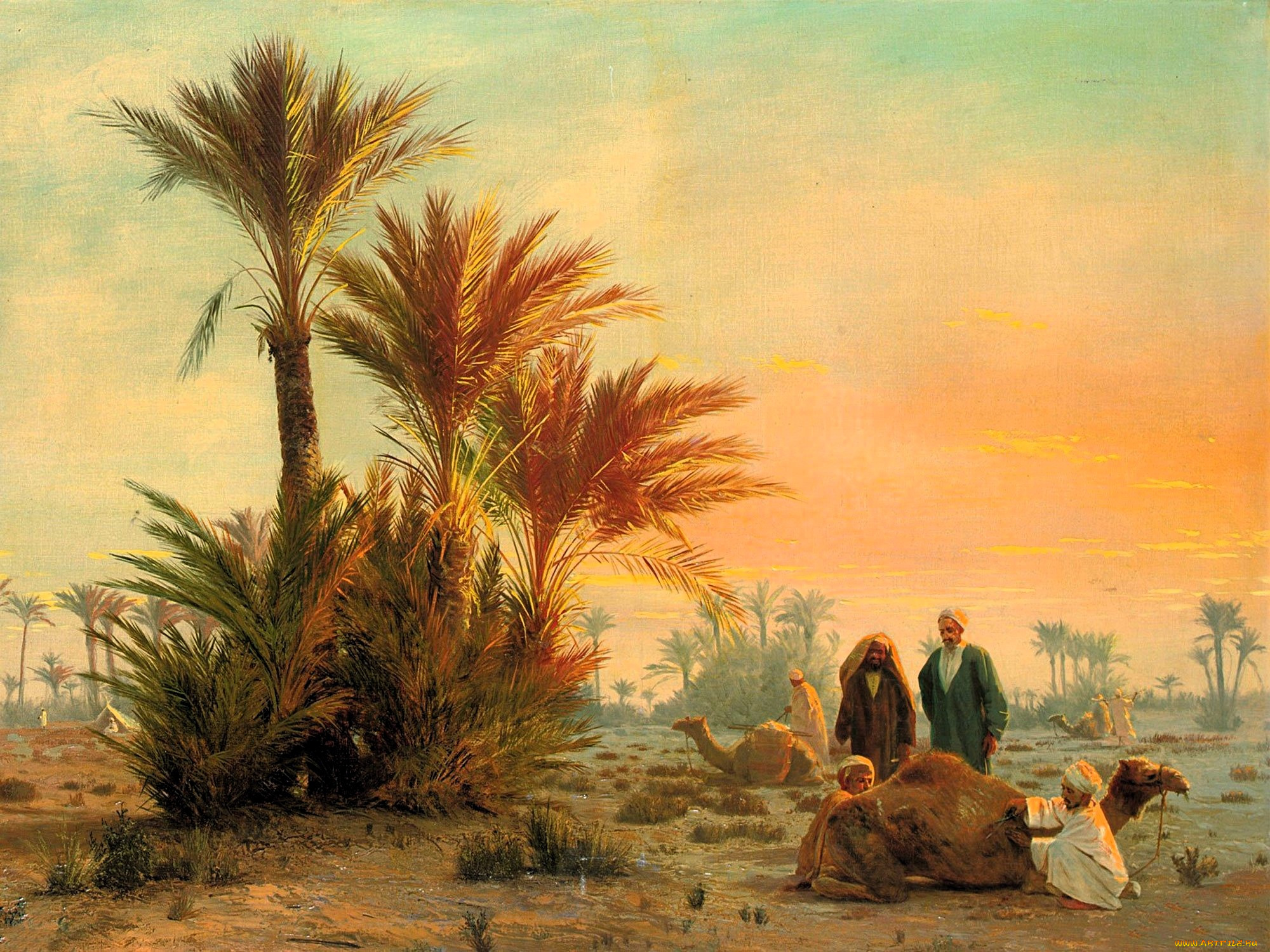 рисованное, otto, pilny, пальмы, пустыня, люди, верблюды
