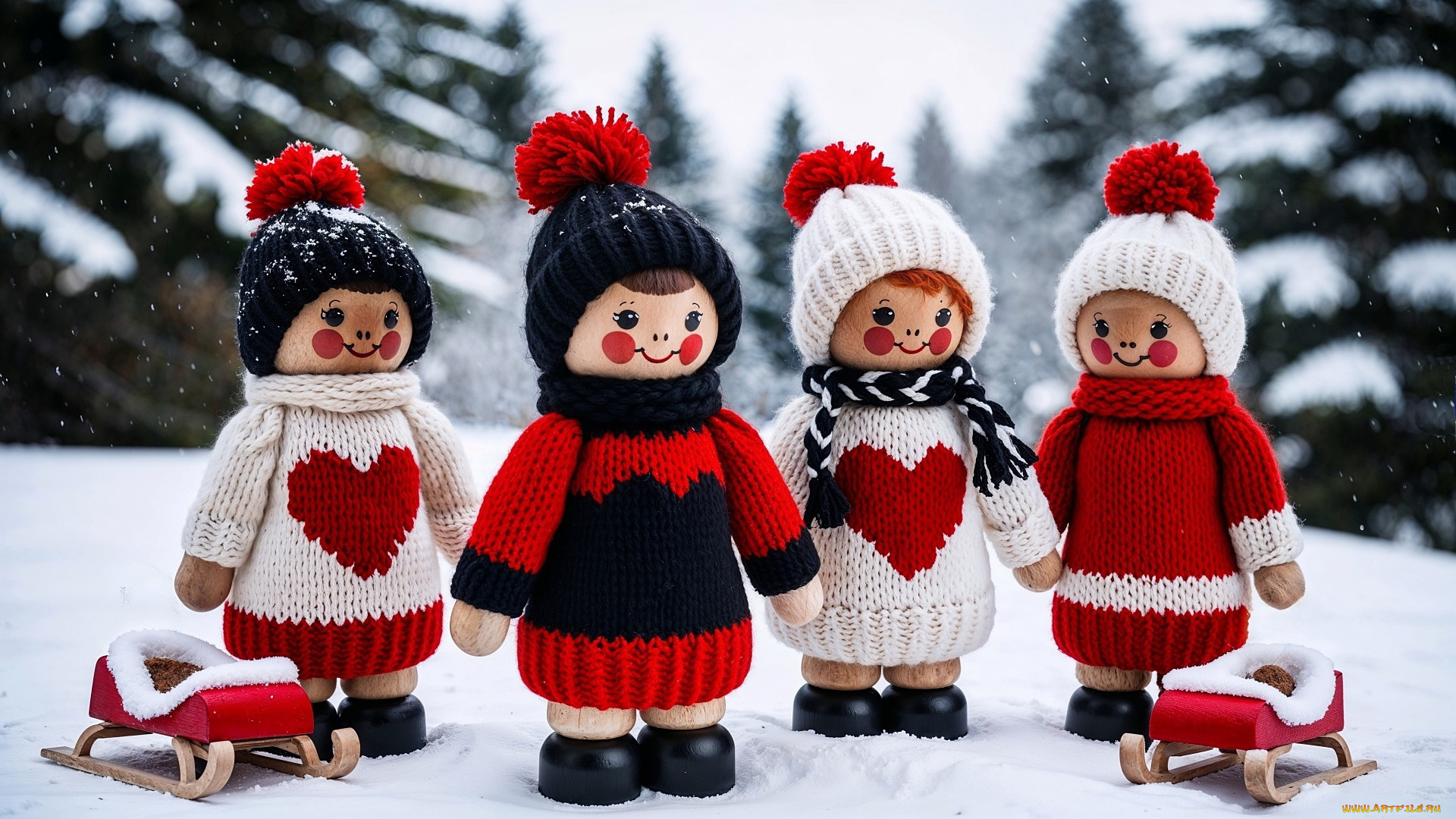 3д, графика, праздники, , holidays, снег, санки, деревянные, куколки