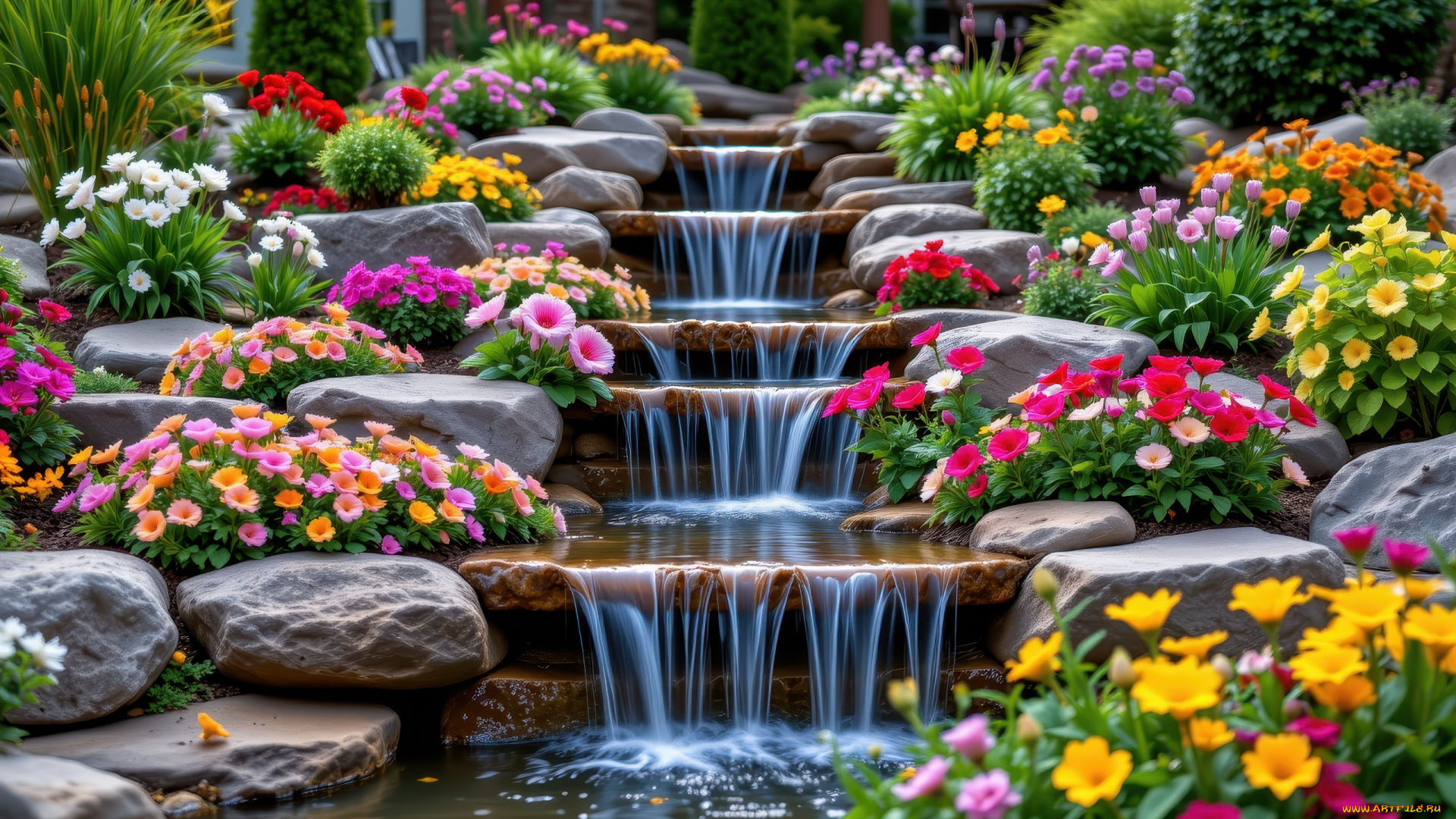 автор, wp, stl, 3д, графика, природа, , nature, парк, камни, водопад, цветы