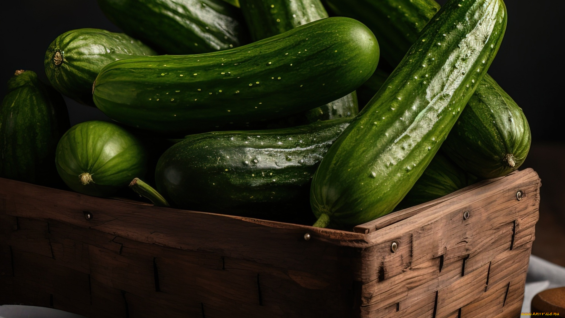 еда, огурцы, ящик, свежие