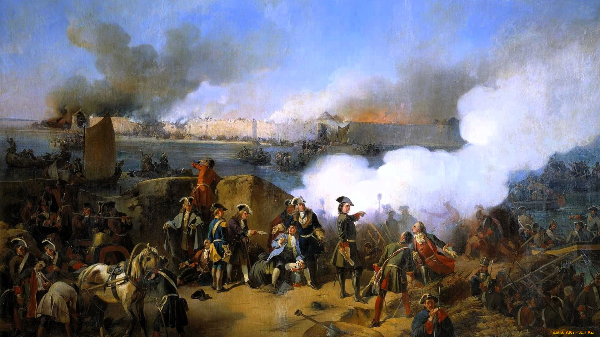 рисованное, александр, коцебу, армия, войска, оружие, дым, река