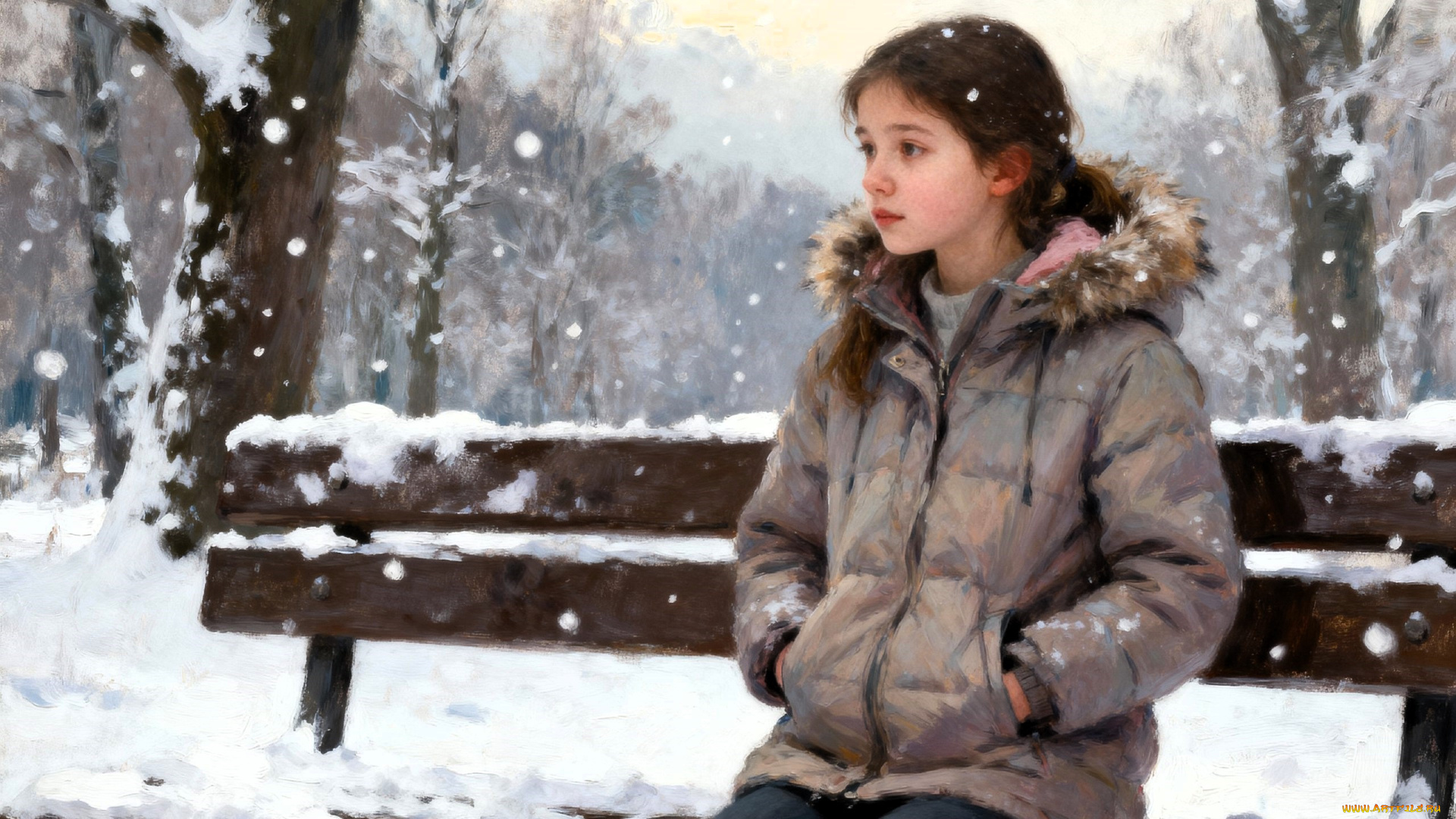 рисованное, дети, девочка, куртка, джинсы, скамейка, снег, парк, деревья