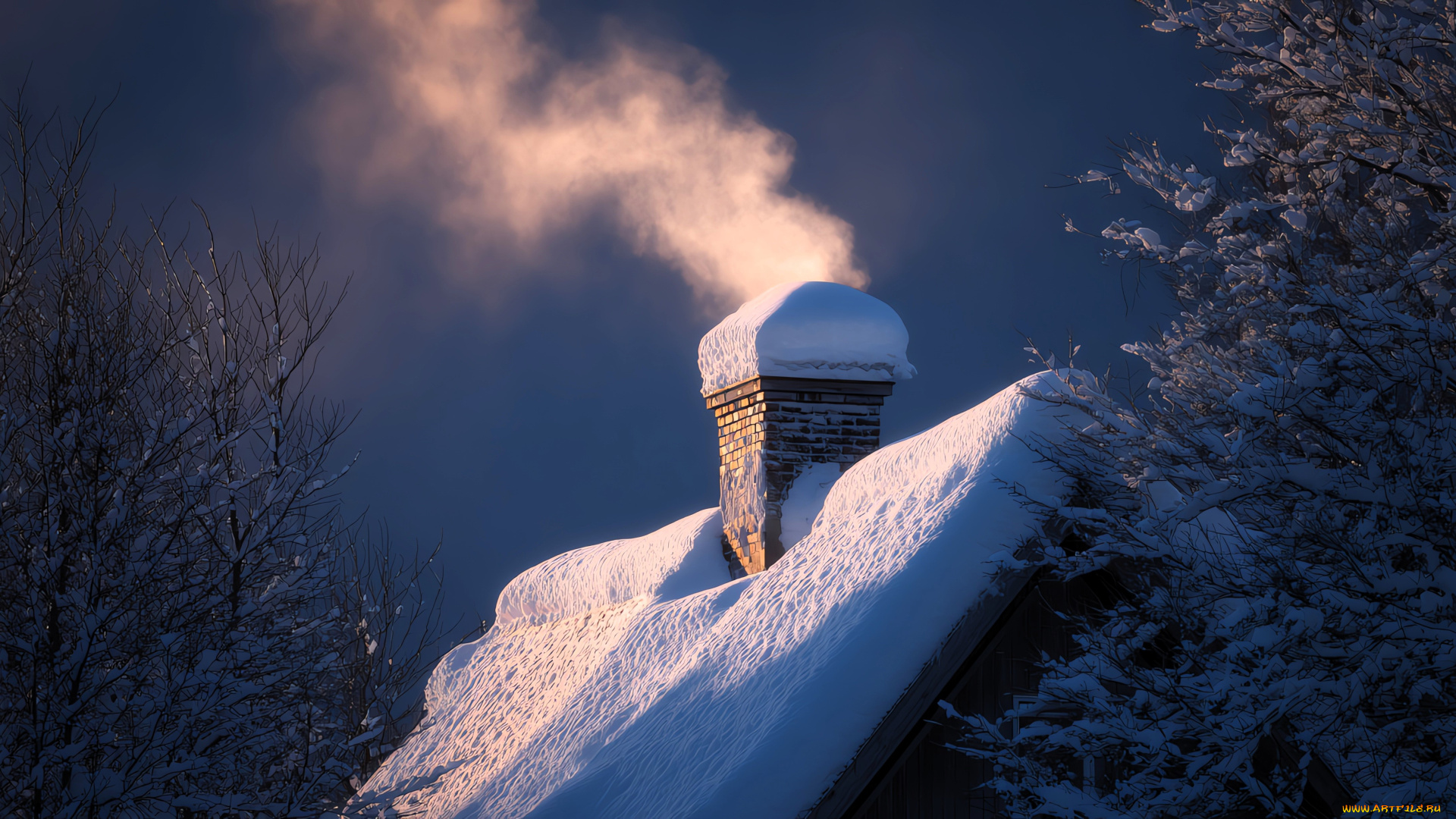 рисованное, города, деревья, зима, крыша, снег, труба, дым
