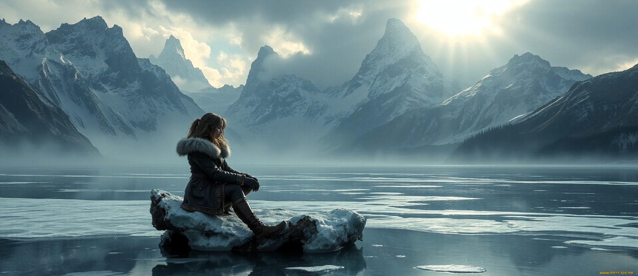 3д, графика, люди, , people, девушка, шуба, штаны, сапоги, озеро, горы, лед, снег, зима