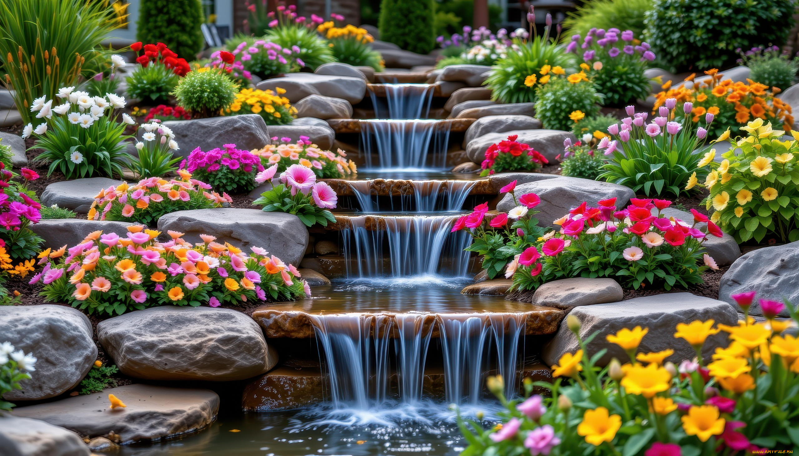 автор, wp, stl, 3д, графика, природа, , nature, парк, камни, водопад, цветы