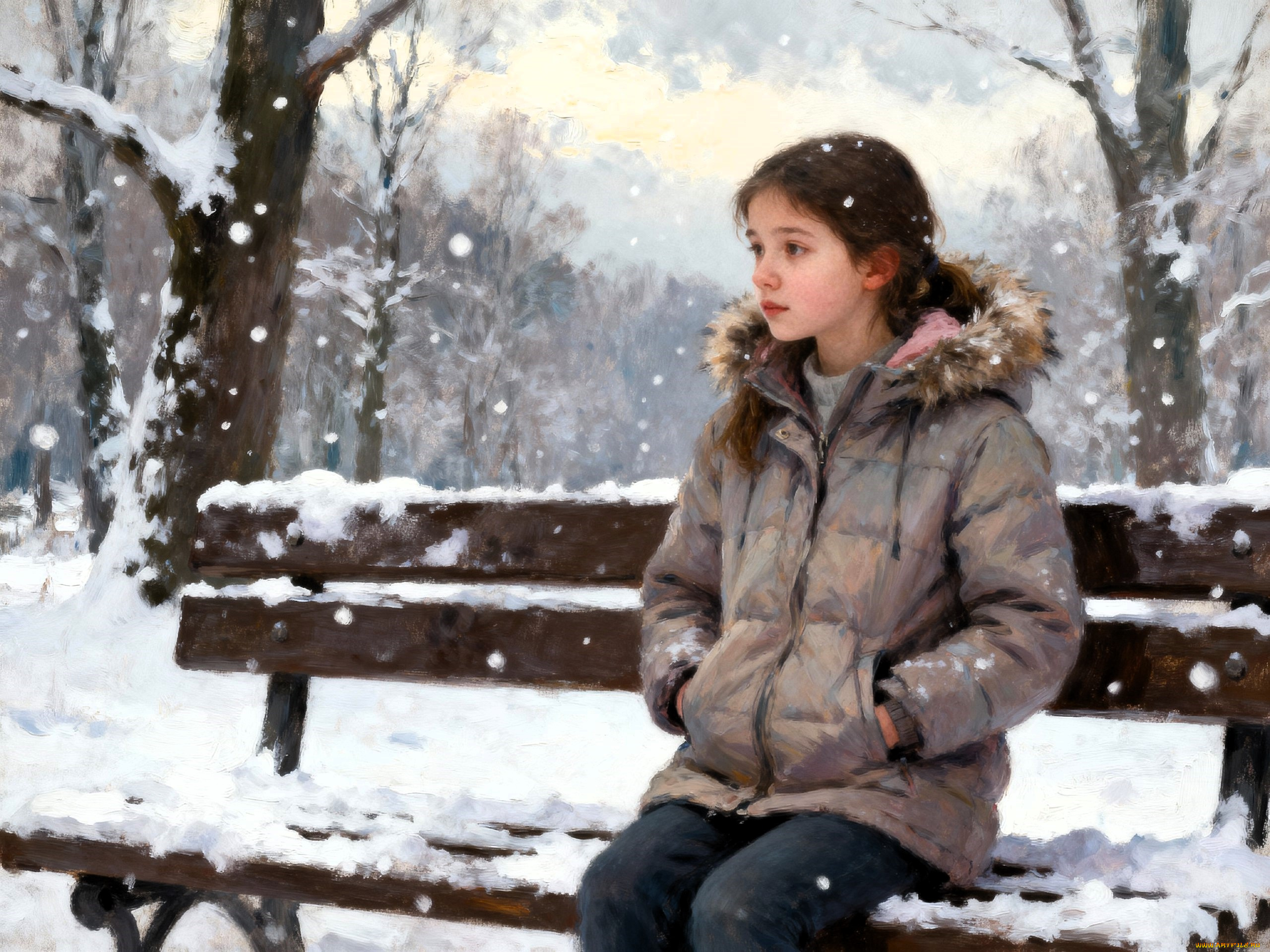 рисованное, дети, девочка, куртка, джинсы, скамейка, снег, парк, деревья