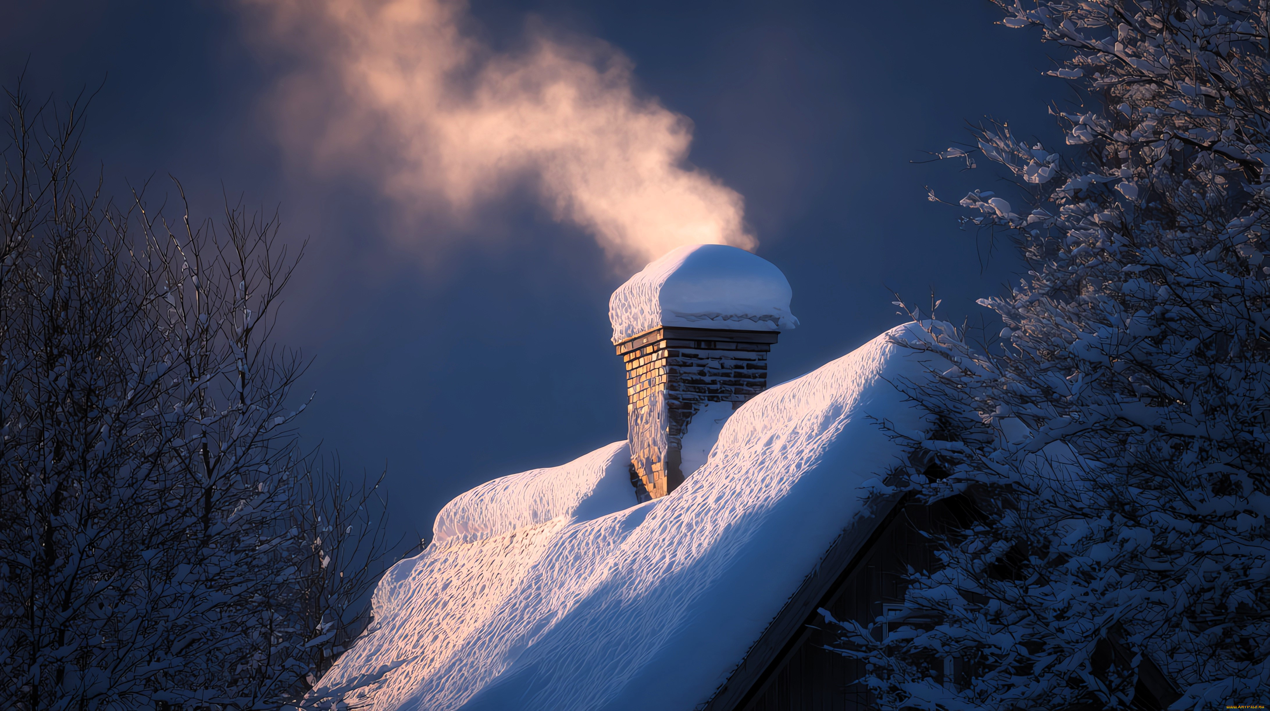 рисованное, города, деревья, зима, крыша, снег, труба, дым