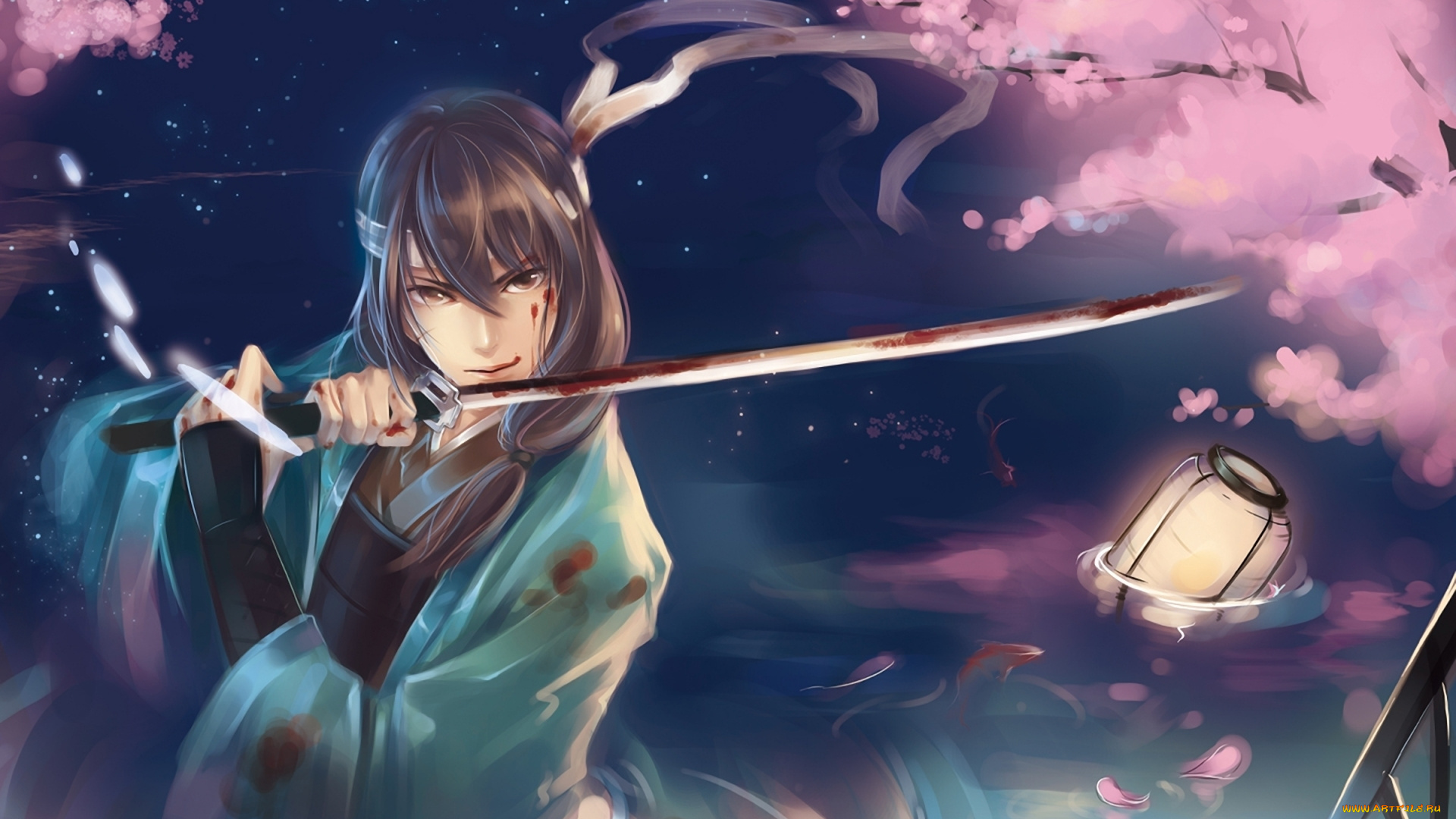 аниме, hakuoki, арт, фонарь, катана, gintama, меч, самурай, katsura, kotaro, вода, кровь, рыбы, сакура, парень