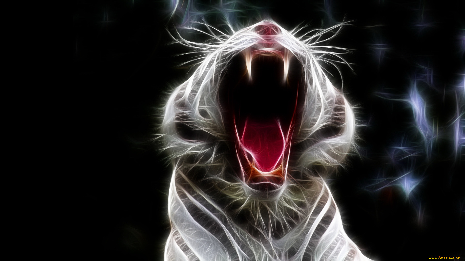 3д, графика, animals, животные, тигр, клыки, фон, рык