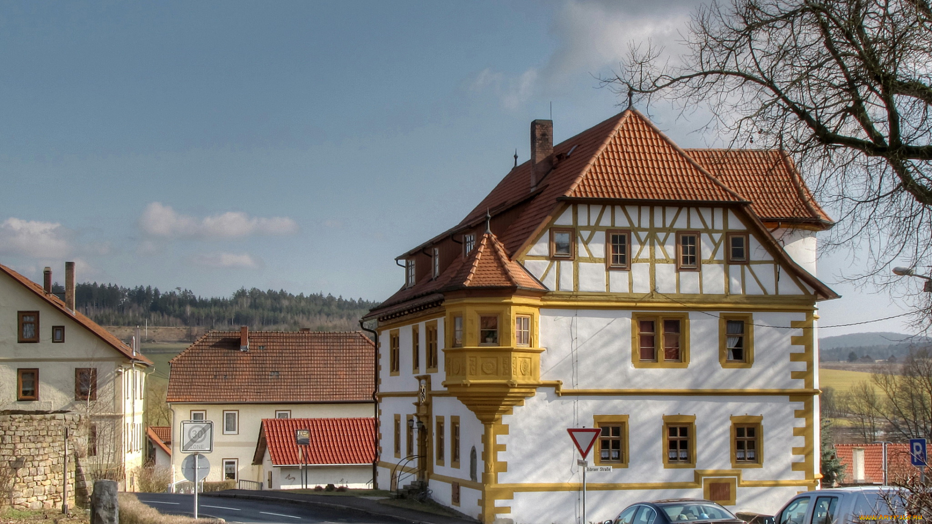 германия, тюрингия, грабфельд, города, здания, дома, улица, деревья