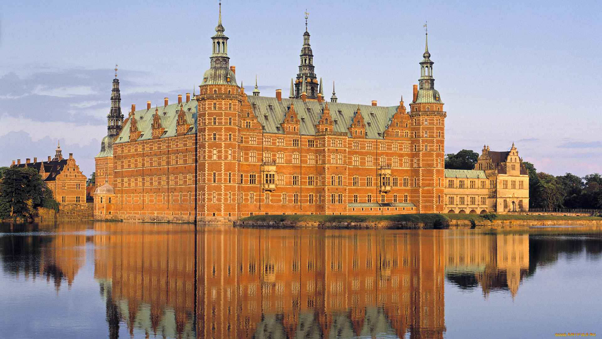 города, дворцы, замки, крепости, дворец, озеро, желтый, отражение, frederiksborg, castle, denmark