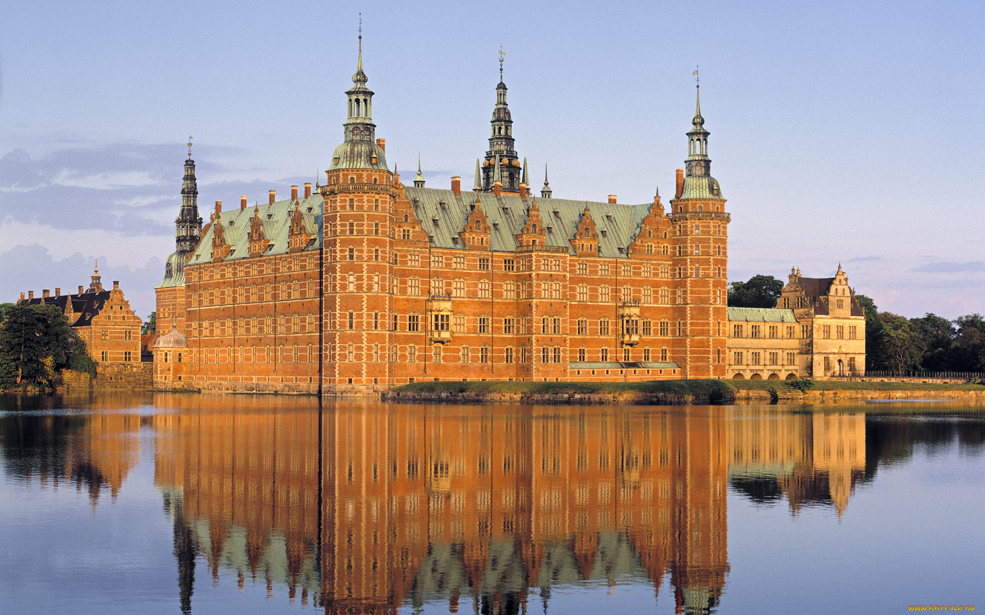 города, дворцы, замки, крепости, дворец, озеро, желтый, отражение, frederiksborg, castle, denmark