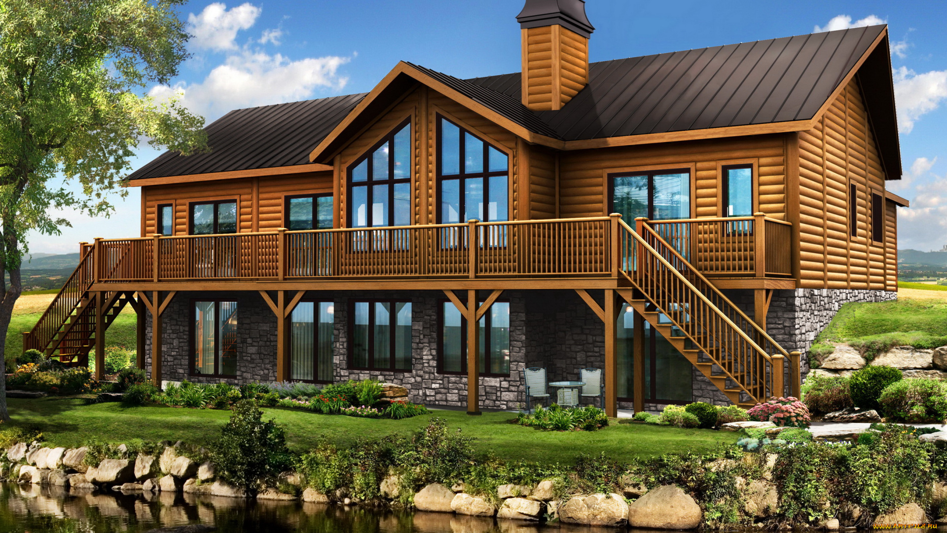 3д, графика, architecture, , архитектура, дом, особняк, ландшафт, водоем, трава, деревья, лесница, окна, облака