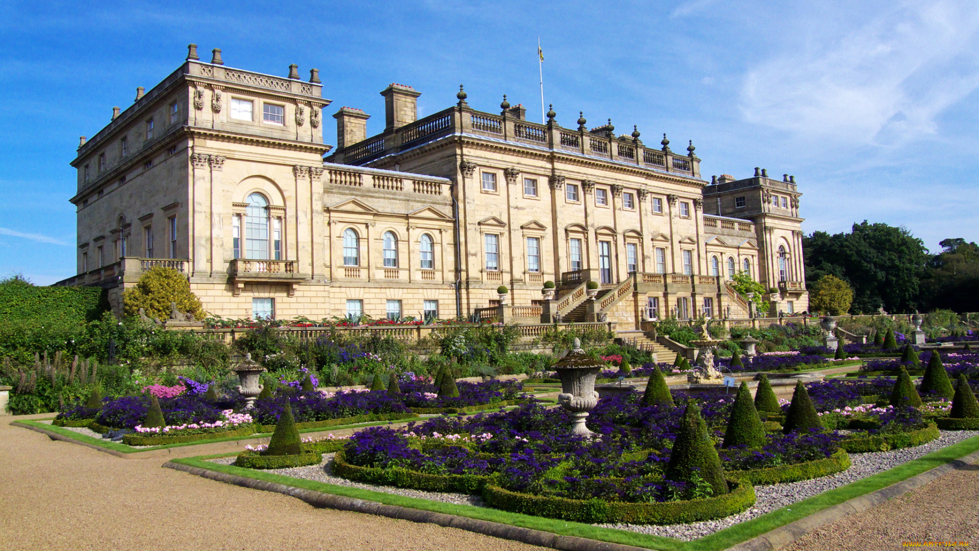 англия, , harewood, house, города, -, здания, , дома, harewood, house, англия, парк, клумбы, кусты, дом