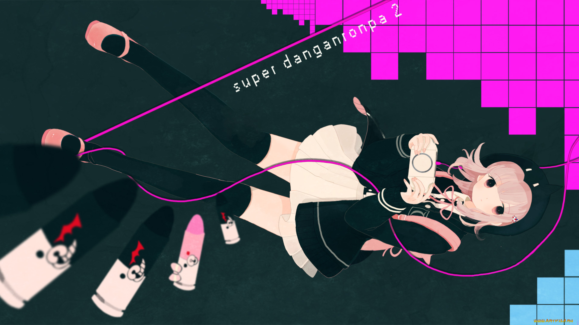 by, periko, аниме, danganronpa, пиджак, платье, шапка, провод, патроны, psp, девушка, nanami, chiaki, monokuma, рюкзак