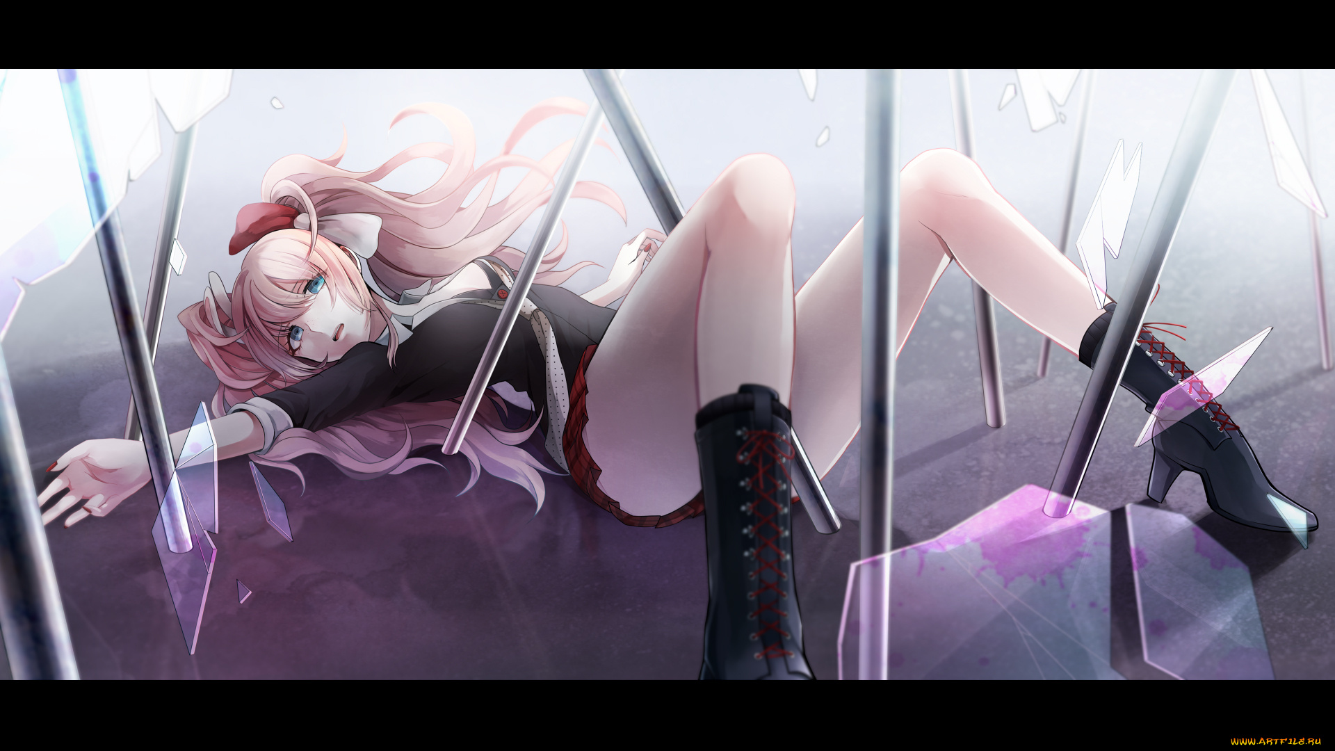 by, veryberry00, аниме, danganronpa, пруться, стекло, девушка, ботинки, пол, юбка, бант, галстук, пиджак, enoshima, junko