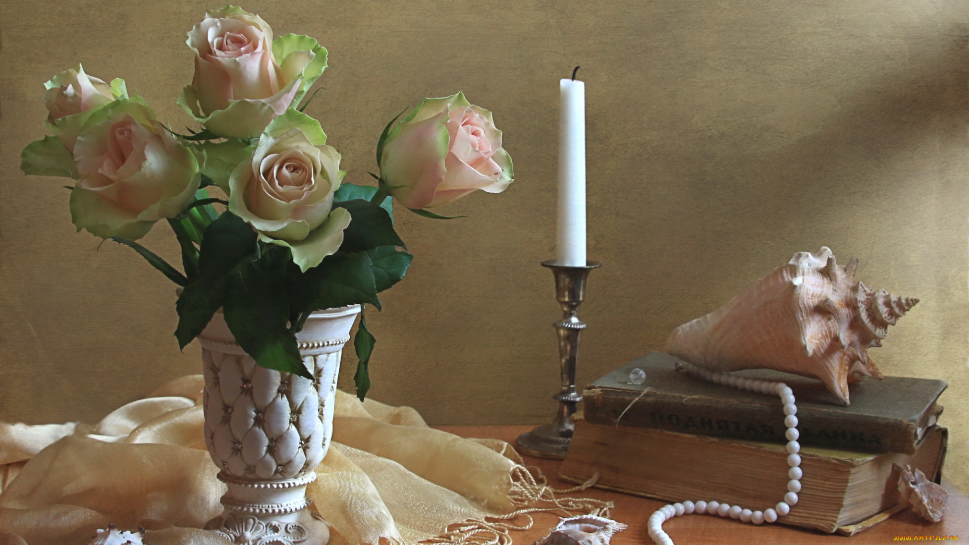 цветы, розы, букет, ракушка, свеча