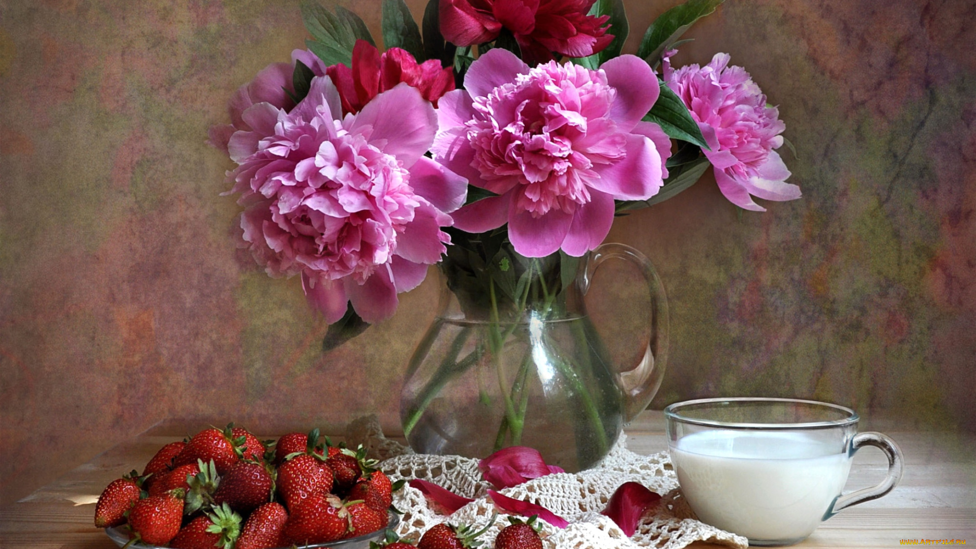 еда, натюрморт, молоко, клубника, пионы