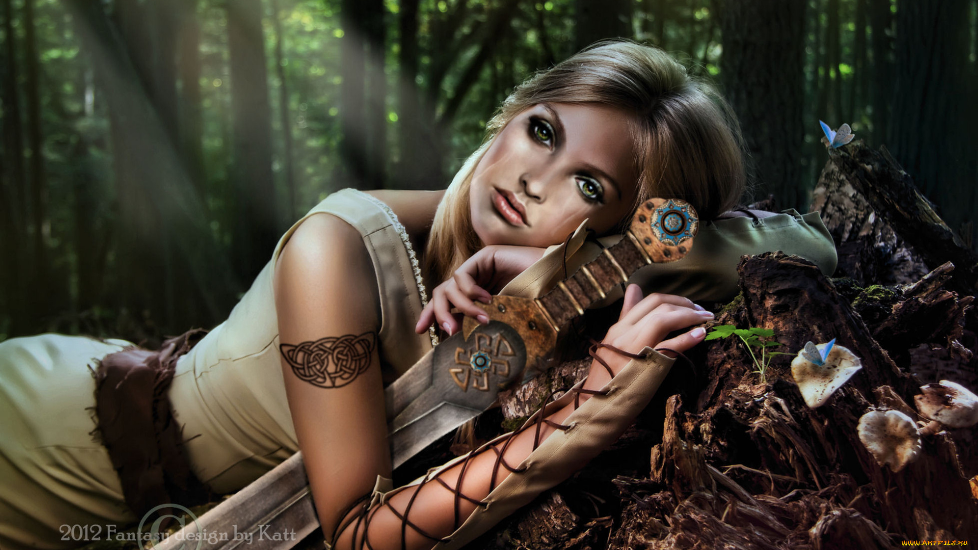 фэнтези, девушки, девушка, тату, меч, грибы, бабочки