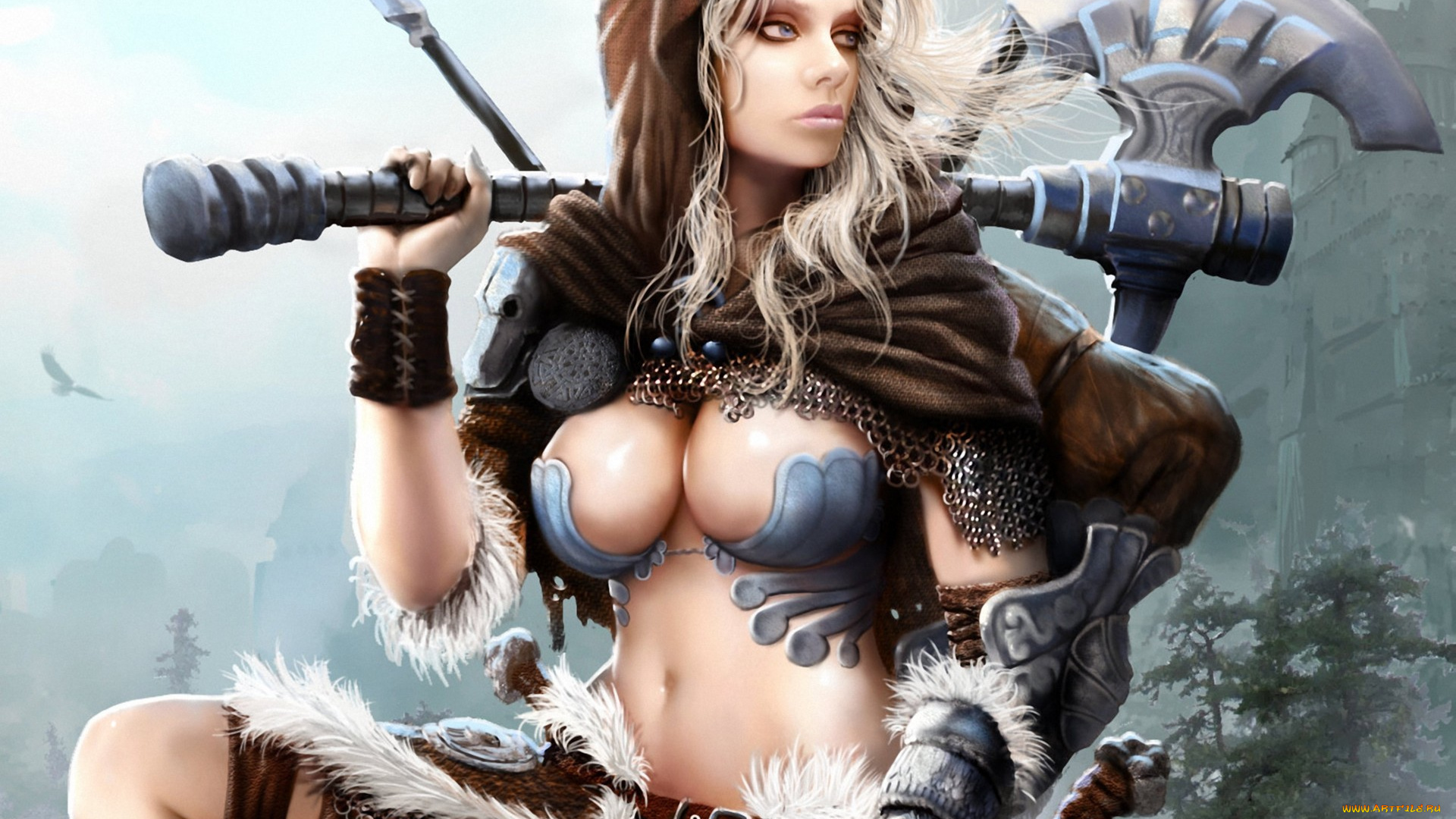 фэнтези, девушки, девушка, топор, копье, накидка