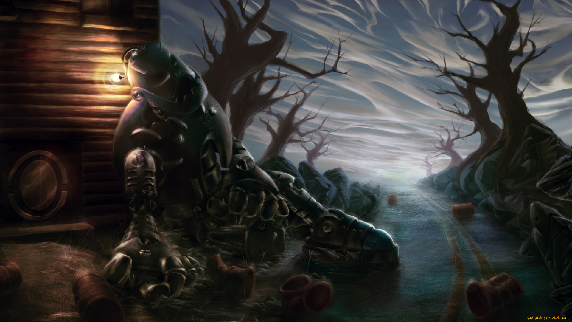 фэнтези, роботы, , киборги, , механизмы, робот, детали, деревья, лампочка