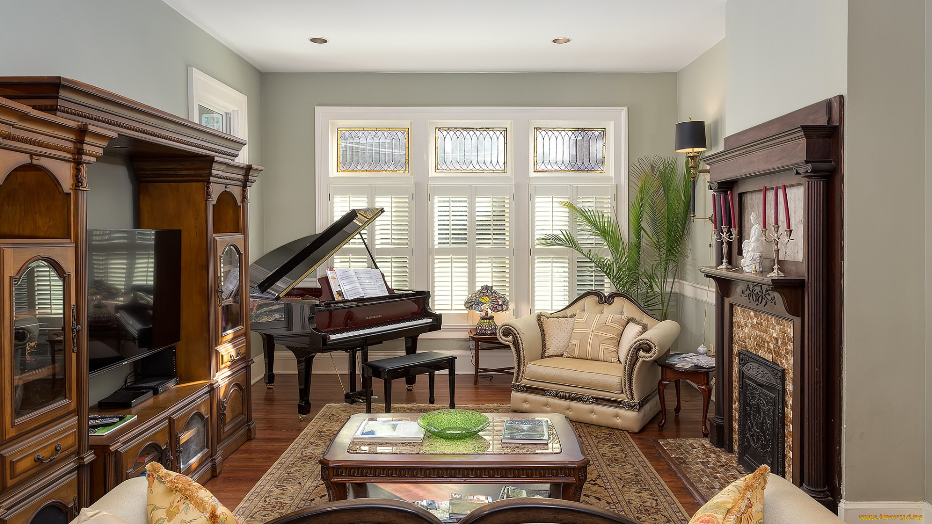 интерьер, гостиная, рояль, кресло