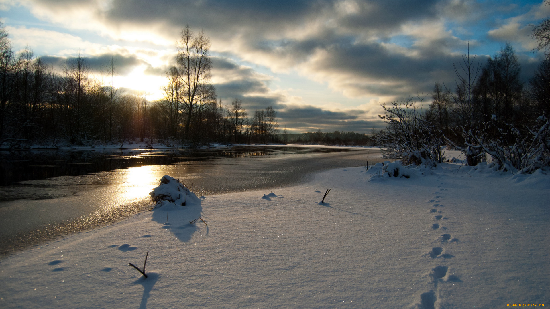 природа, зима, река, снег, деревья
