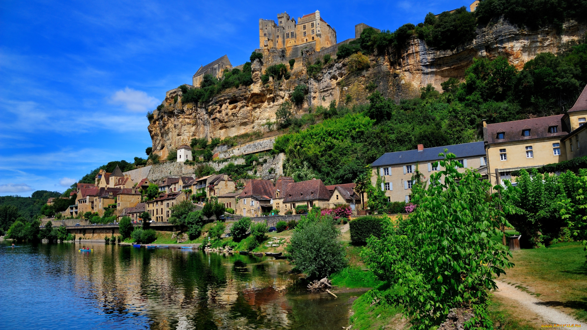 рокамадур, , франция, города, -, пейзажи, скалы, дома, вода