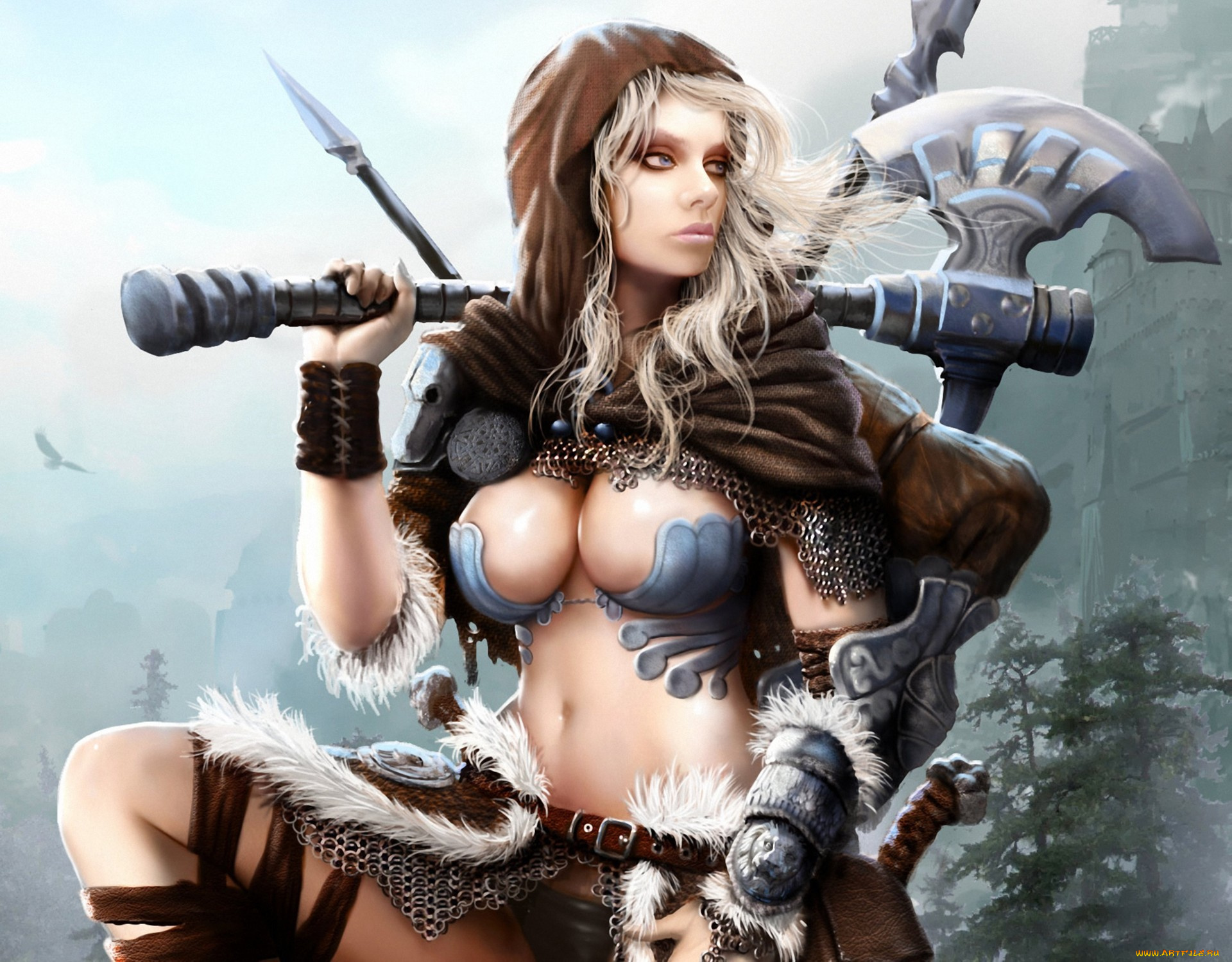 фэнтези, девушки, девушка, топор, копье, накидка