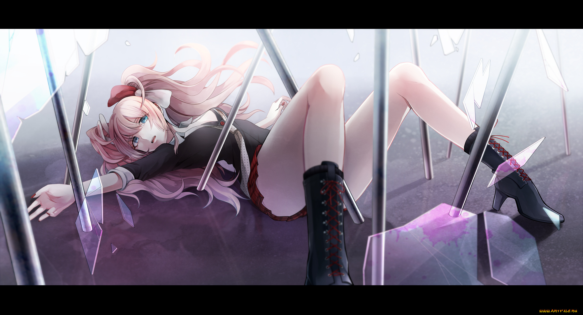 by, veryberry00, аниме, danganronpa, пруться, стекло, девушка, ботинки, пол, юбка, бант, галстук, пиджак, enoshima, junko