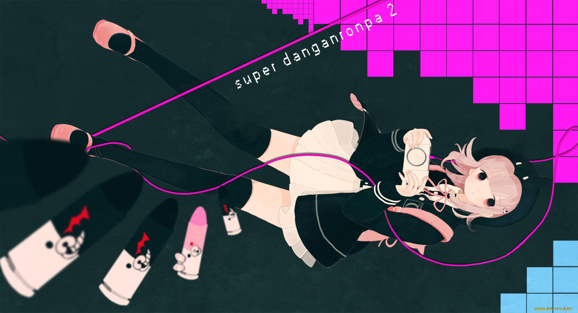 by, periko, аниме, danganronpa, пиджак, платье, шапка, провод, патроны, psp, девушка, nanami, chiaki, monokuma, рюкзак