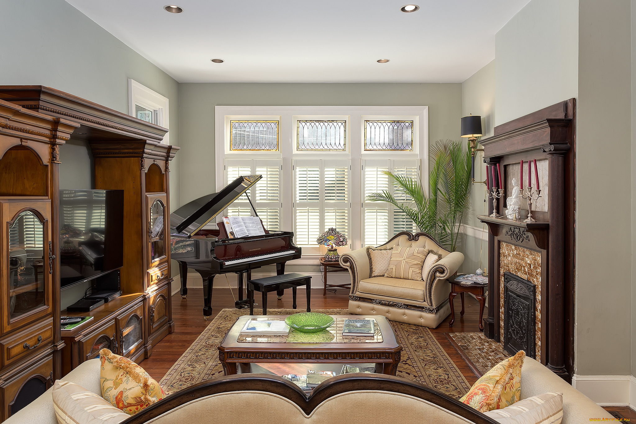 интерьер, гостиная, рояль, кресло