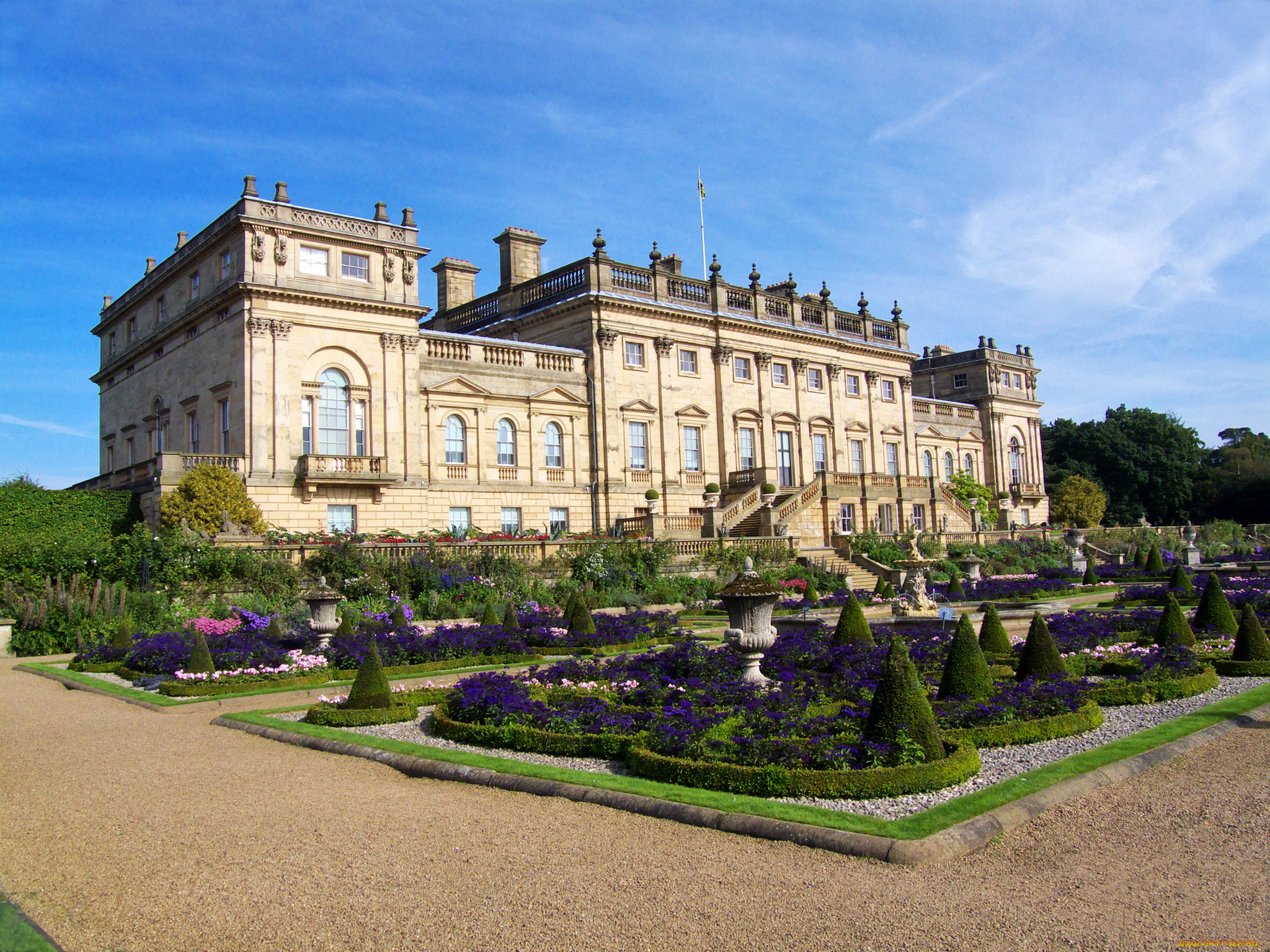 англия, , harewood, house, города, -, здания, , дома, harewood, house, англия, парк, клумбы, кусты, дом