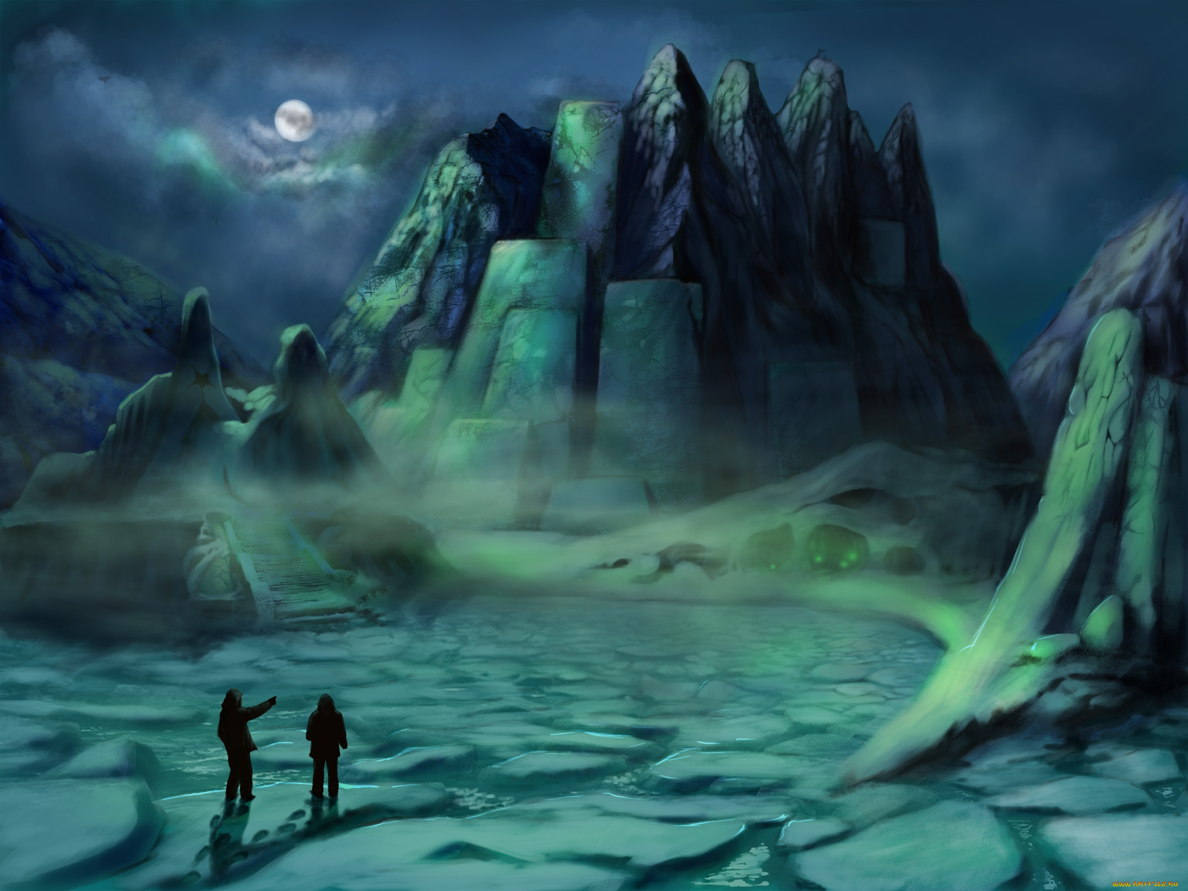 фэнтези, иные, миры, , иные, времена, скалы, сооружения, люди, луна, снег