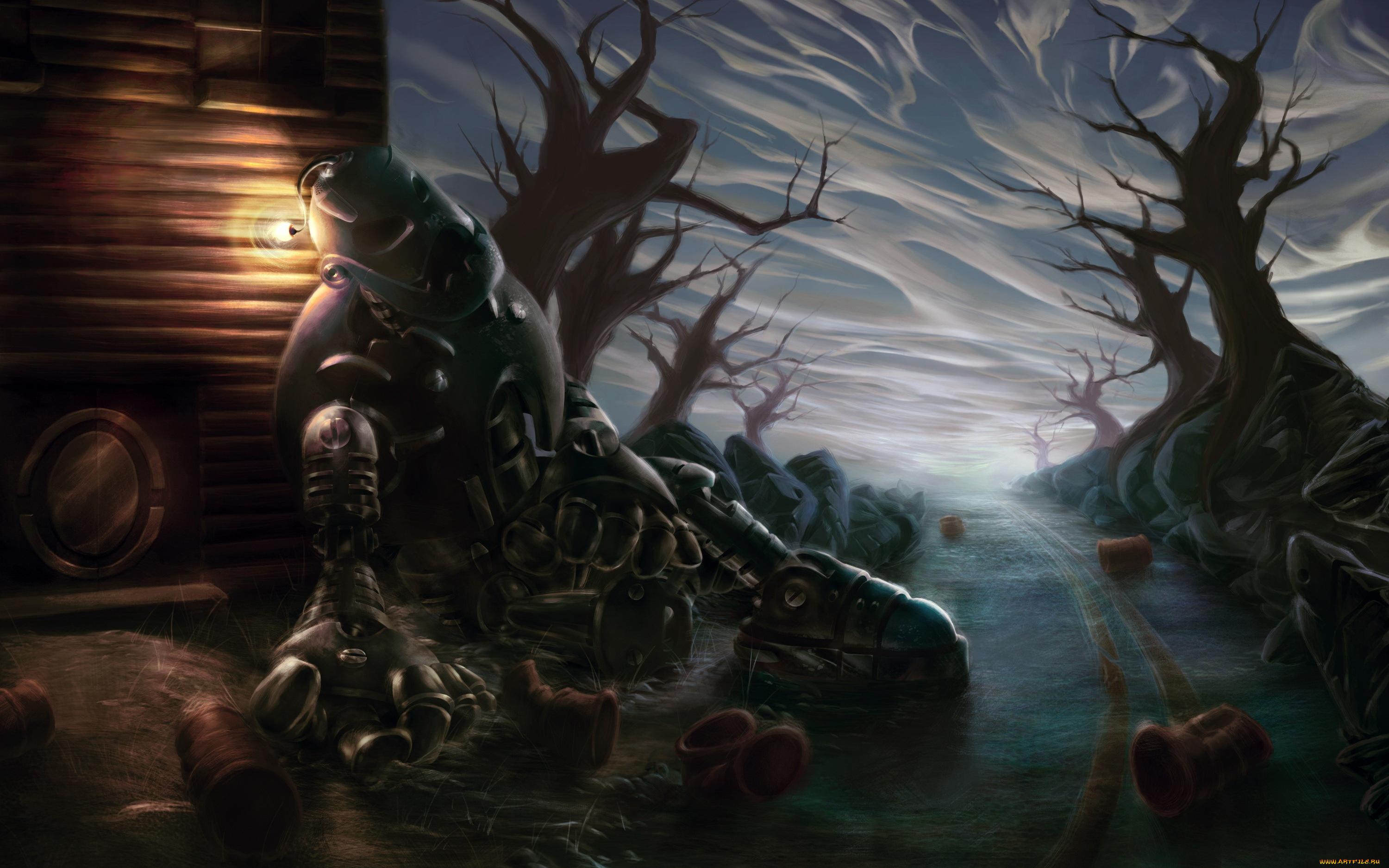 фэнтези, роботы, , киборги, , механизмы, робот, детали, деревья, лампочка