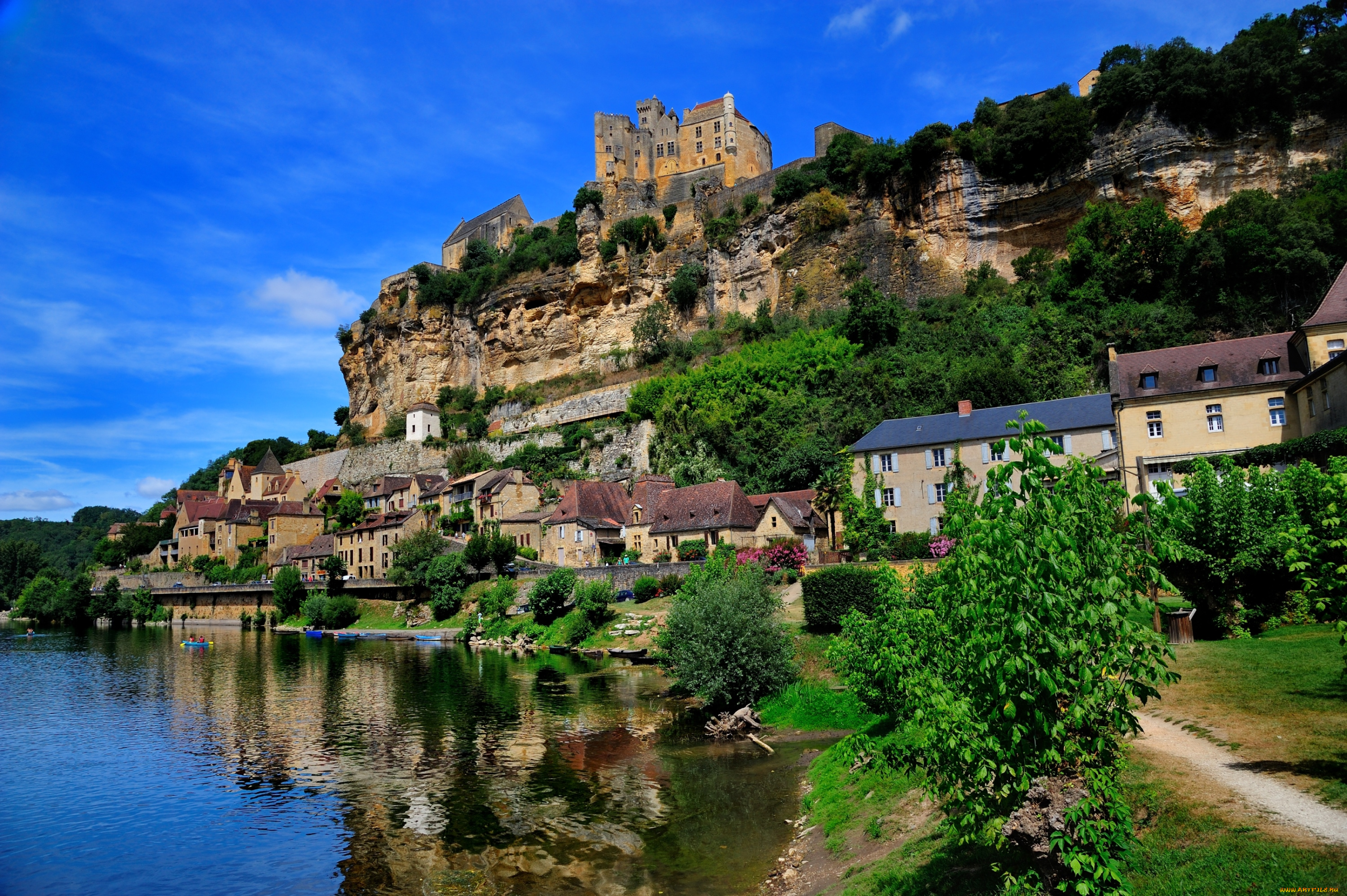 рокамадур, , франция, города, -, пейзажи, скалы, дома, вода