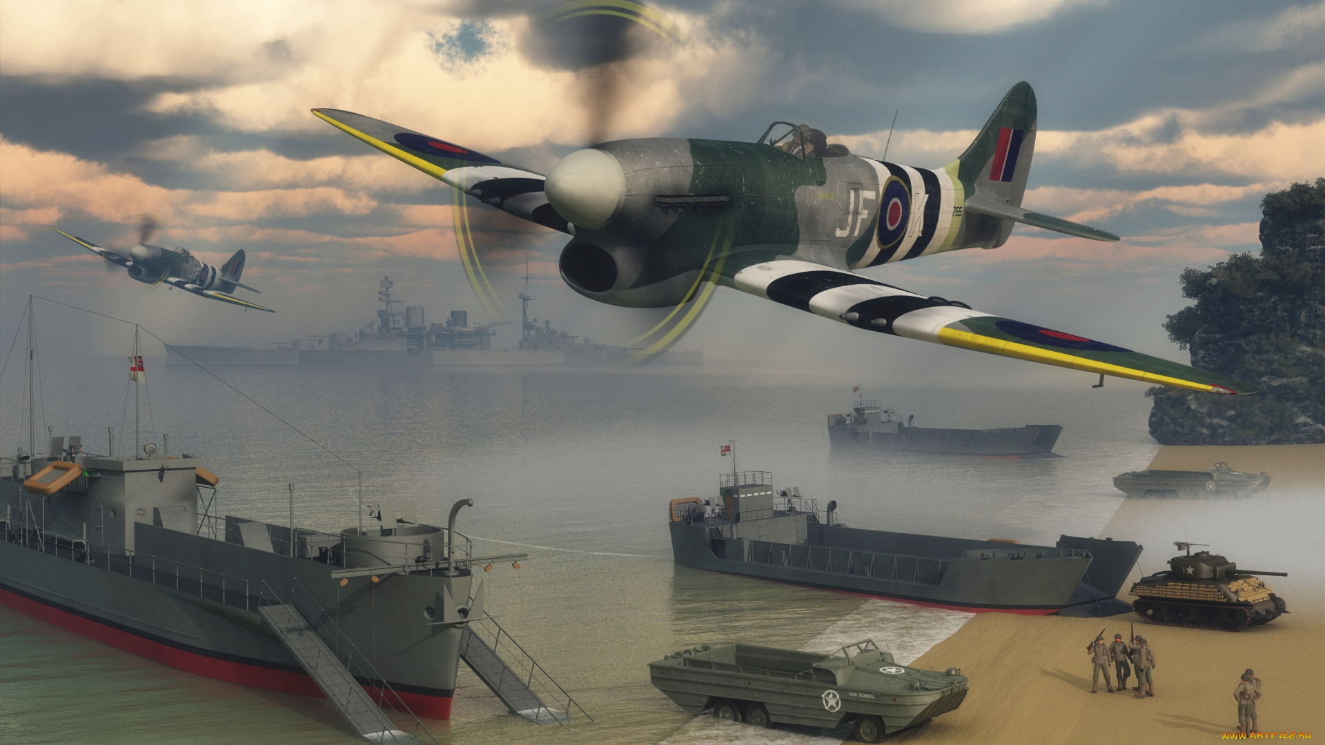 3д, графика, армия, , military, побережье, море, небо, облака, полет, солдаты, корабли, самолеты