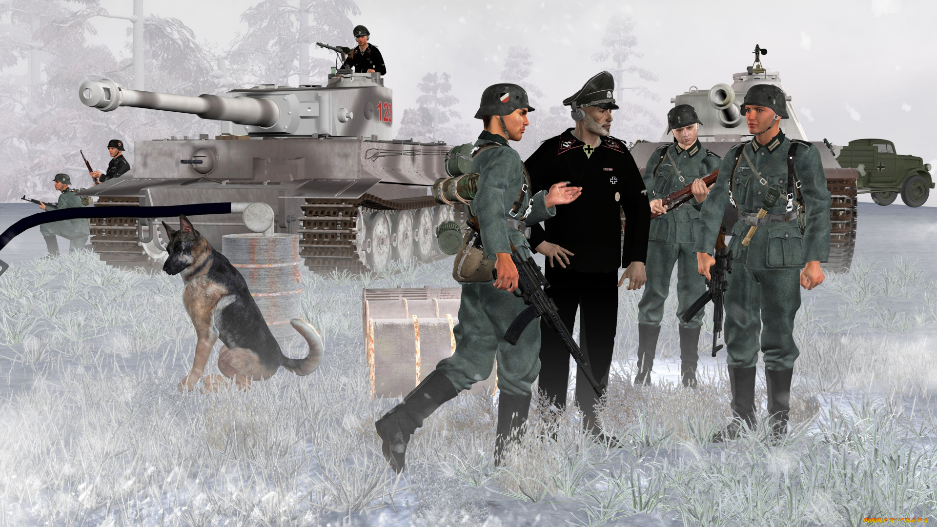 3д, графика, армия, , military, танки, овчарка, солдаты