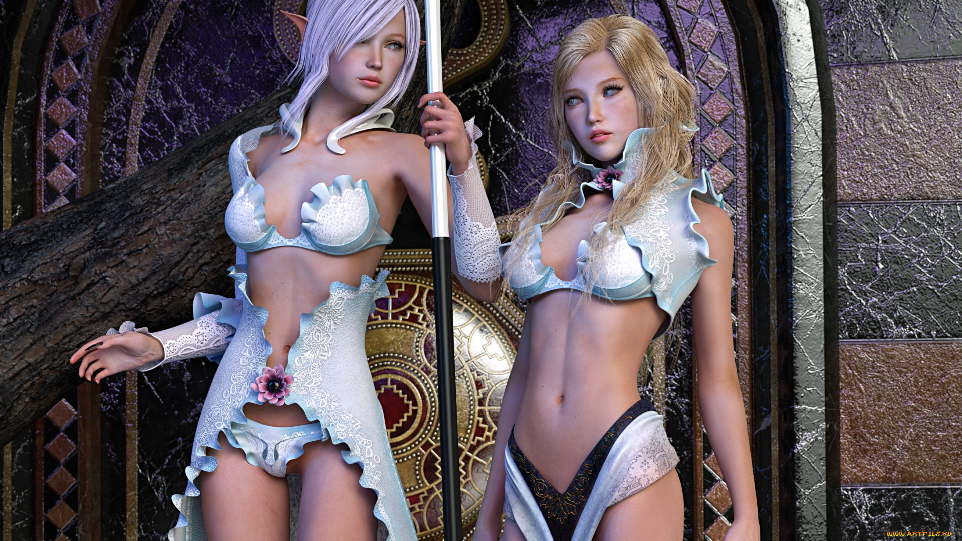 3д, графика, эльфы, , elves, шест, фон, взгляд, эльфийки