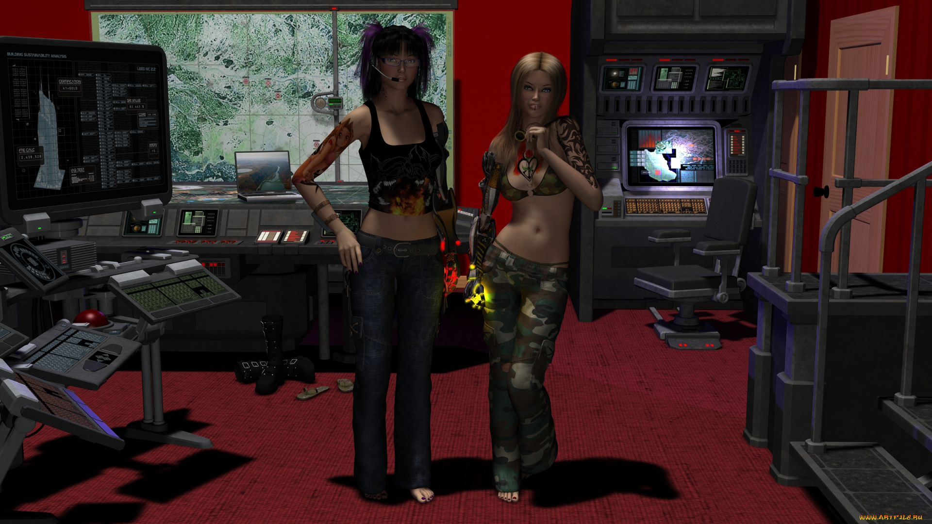 3д, графика, фракталы, , fractal, девушки, взгляд, комната, фон