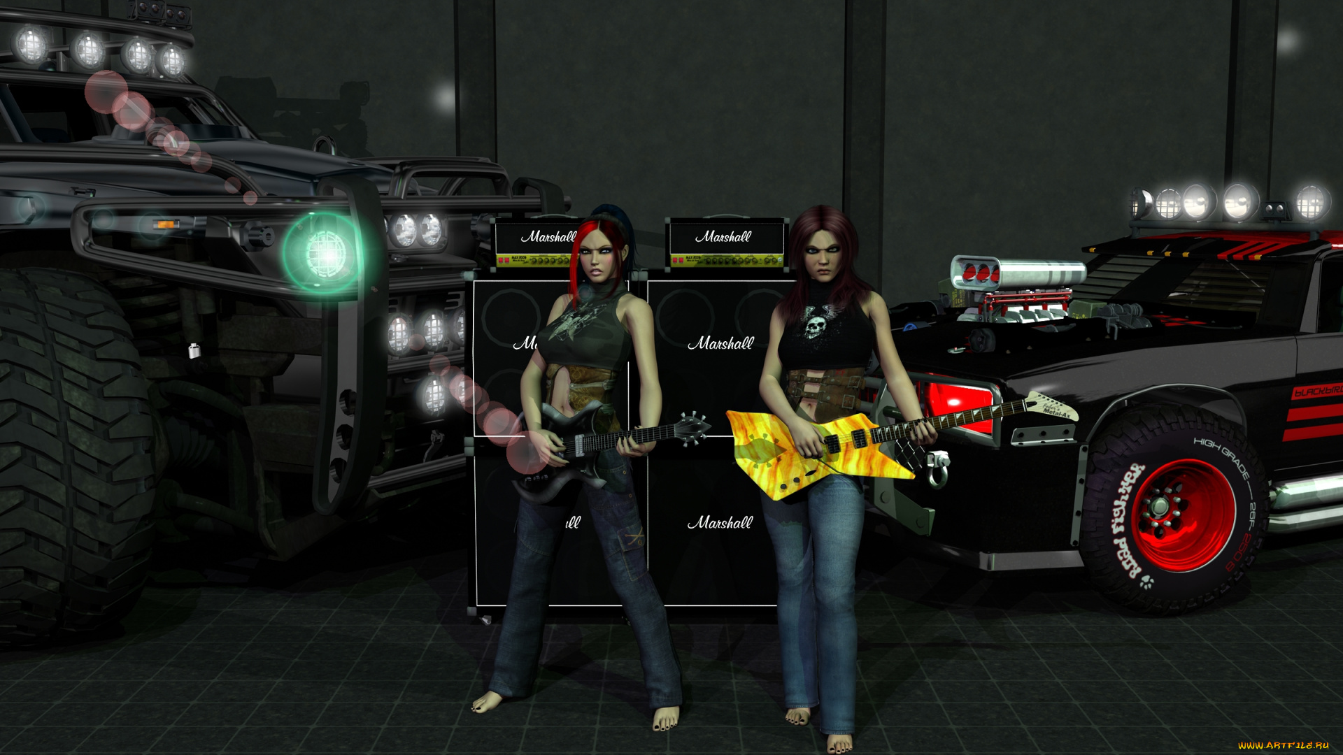 3д, графика, люди, , people, взгляд, фон, автомобили, гитары, девушки