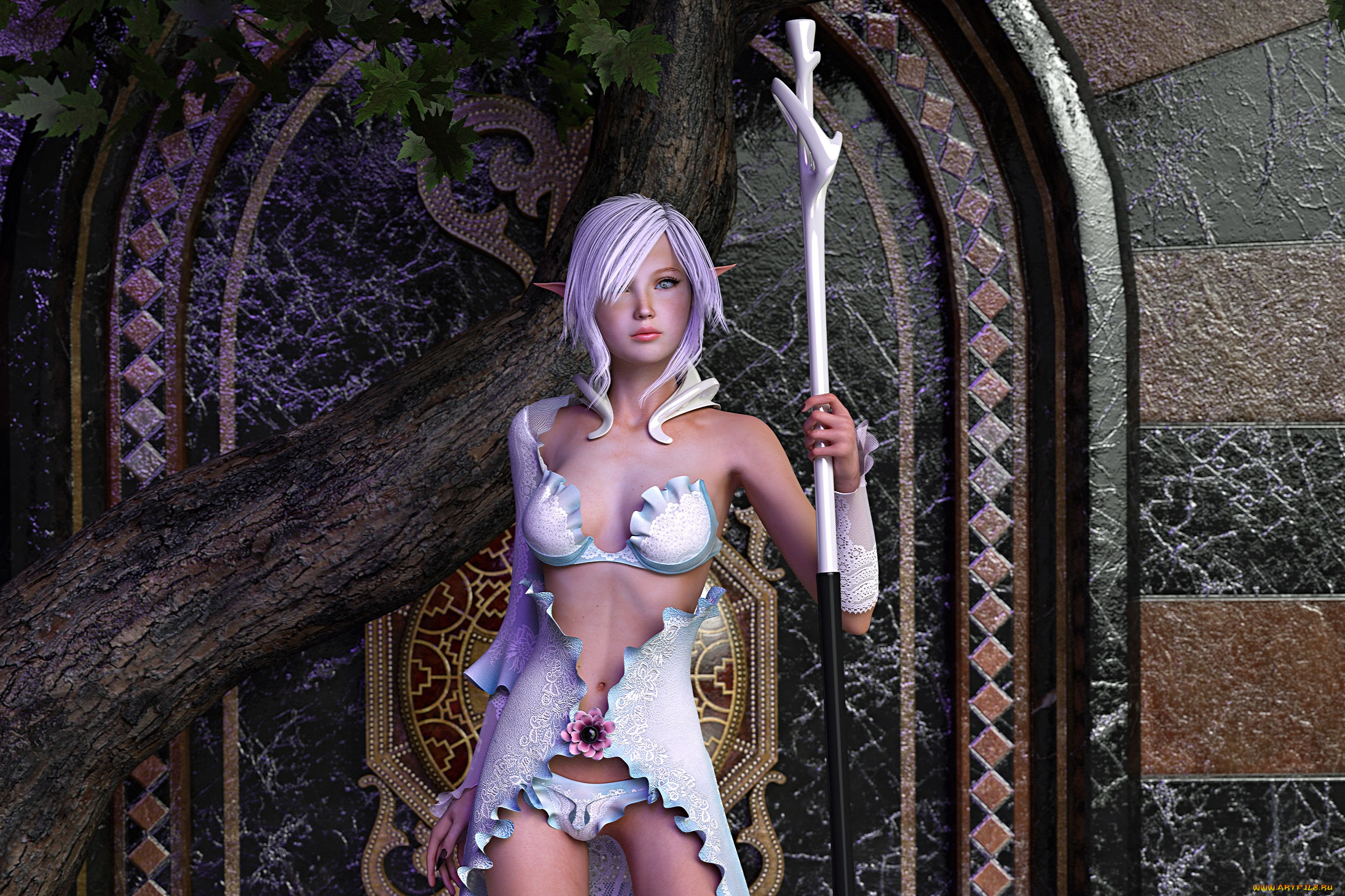 3д, графика, эльфы, , elves, эльфийка, шест, фон, взгляд