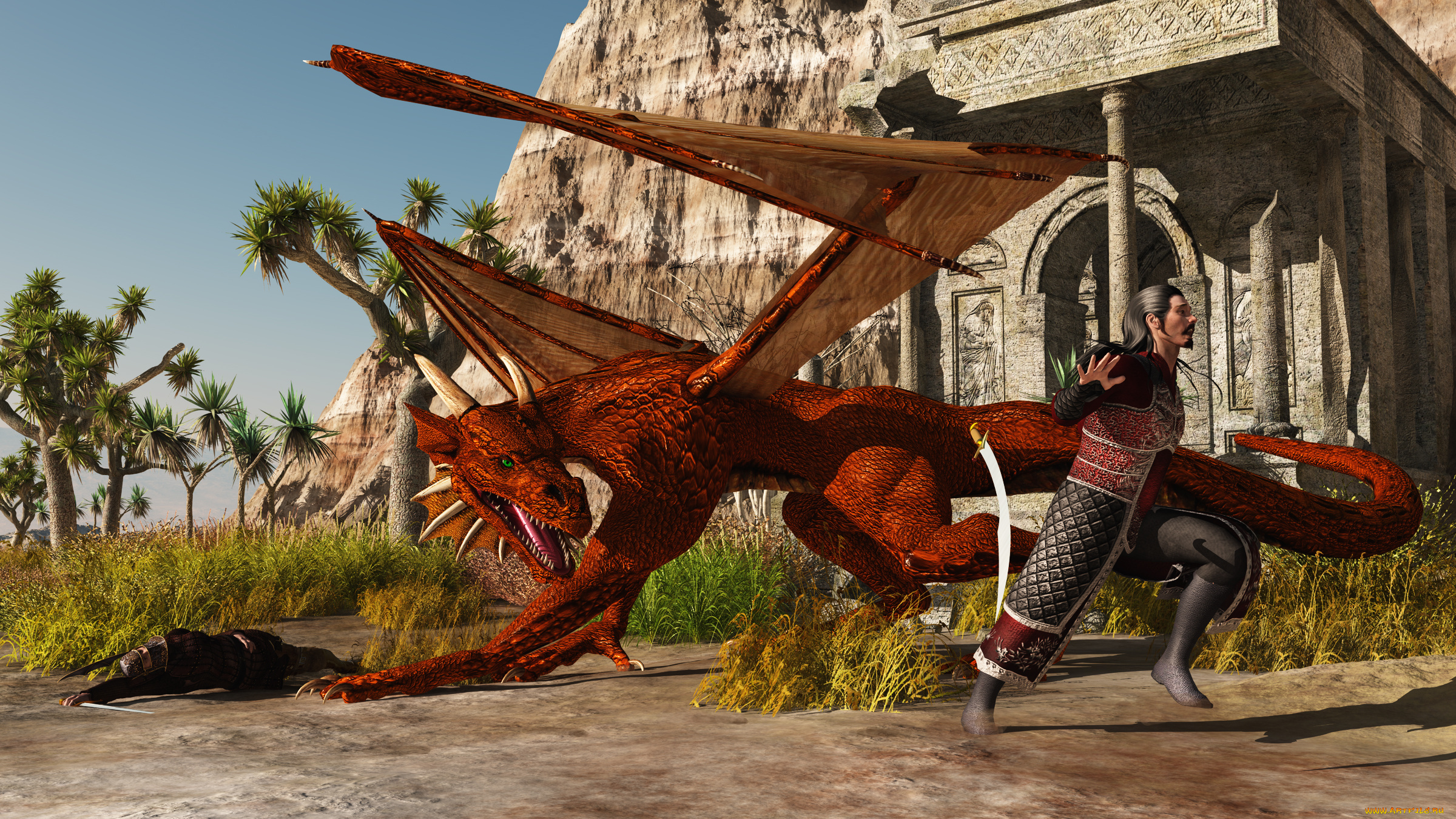 3д, графика, фантазия, , fantasy, дракон, воин