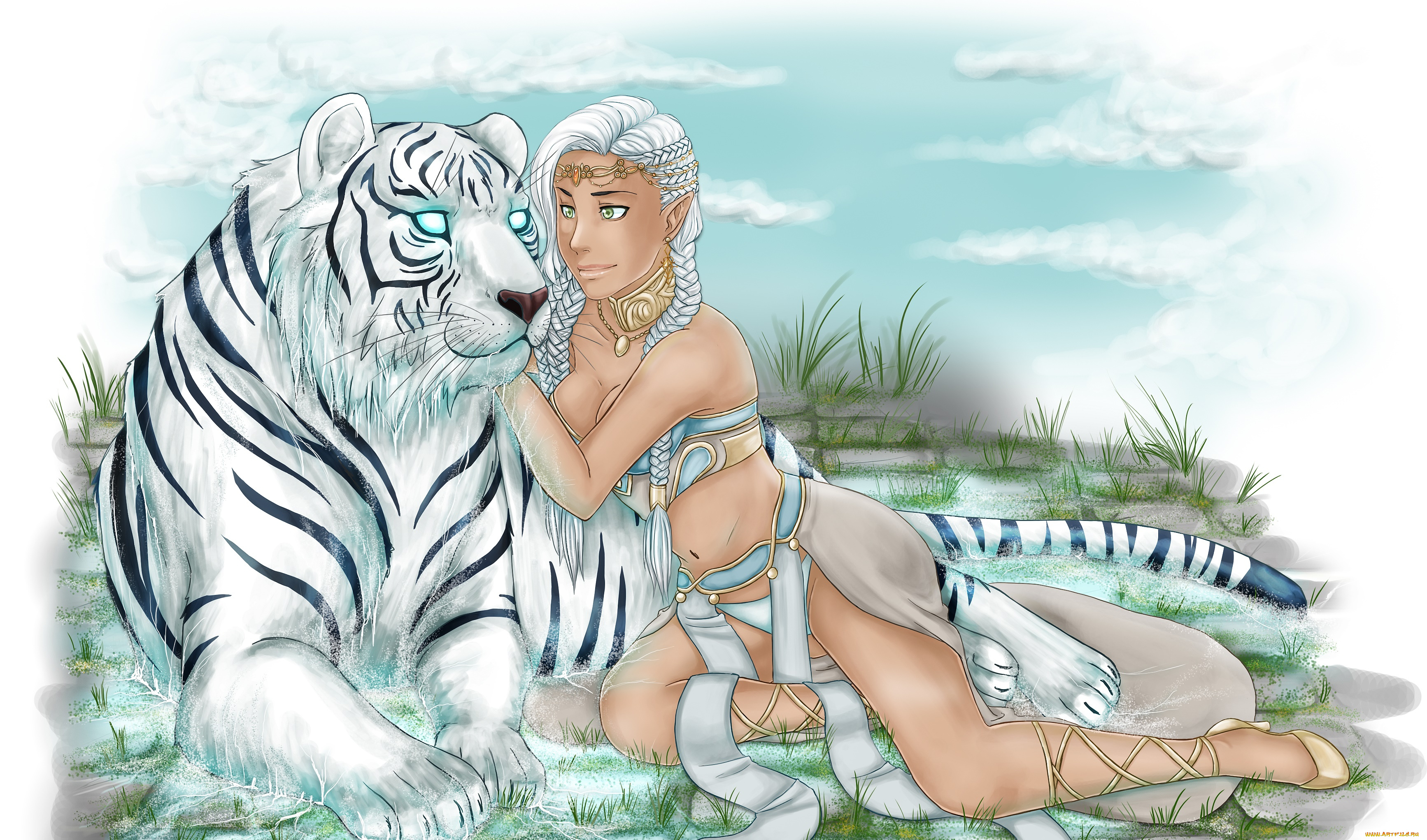 рисованное, люди, взгляд, эльфийка, фон, тигр