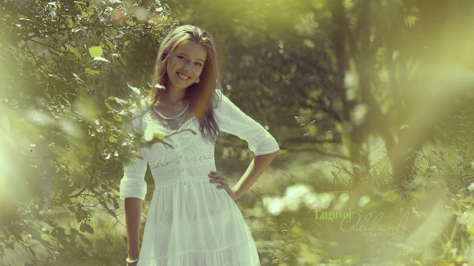 девушки, -unsort, , блондинки, платье, улыбка, блондинка, деревья